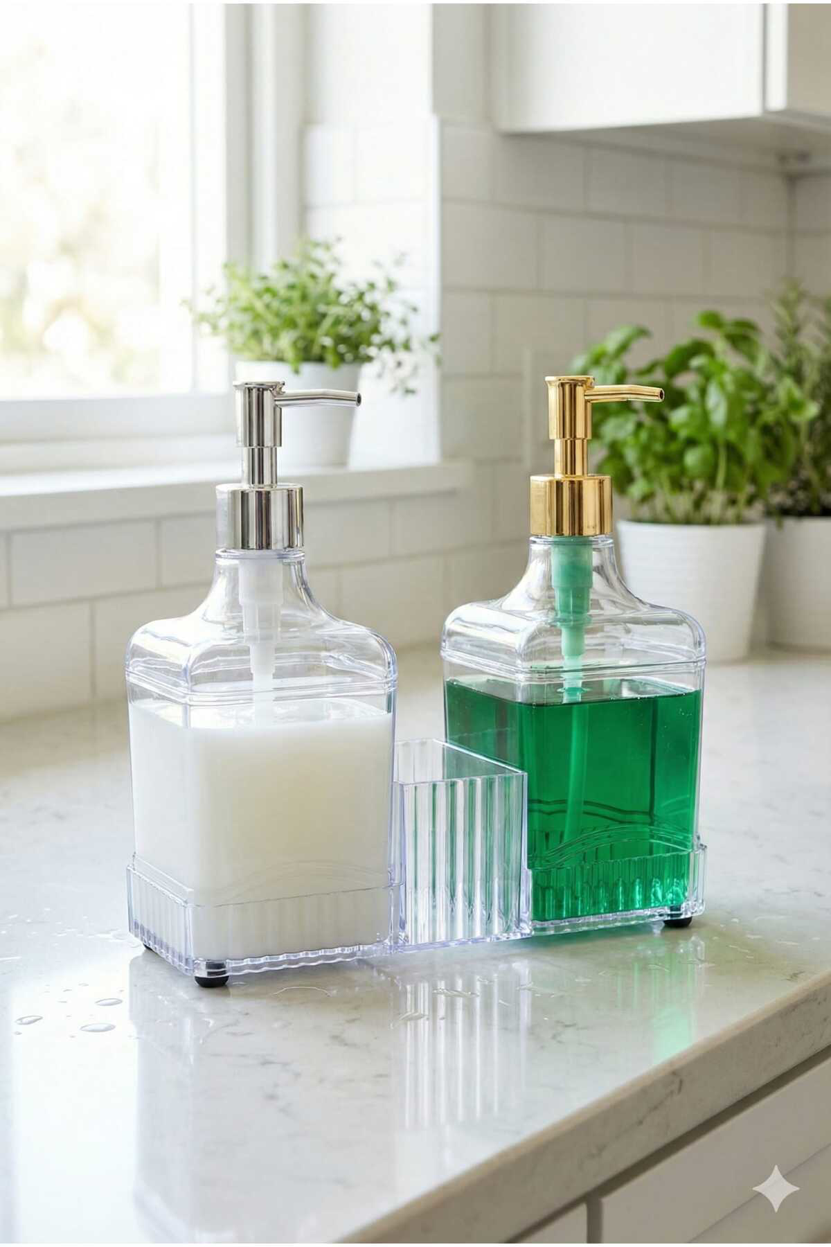 Plastik İkili Standlı Sıvı Sabunluk – Banyo ve Mutfak Tezgah Üstü