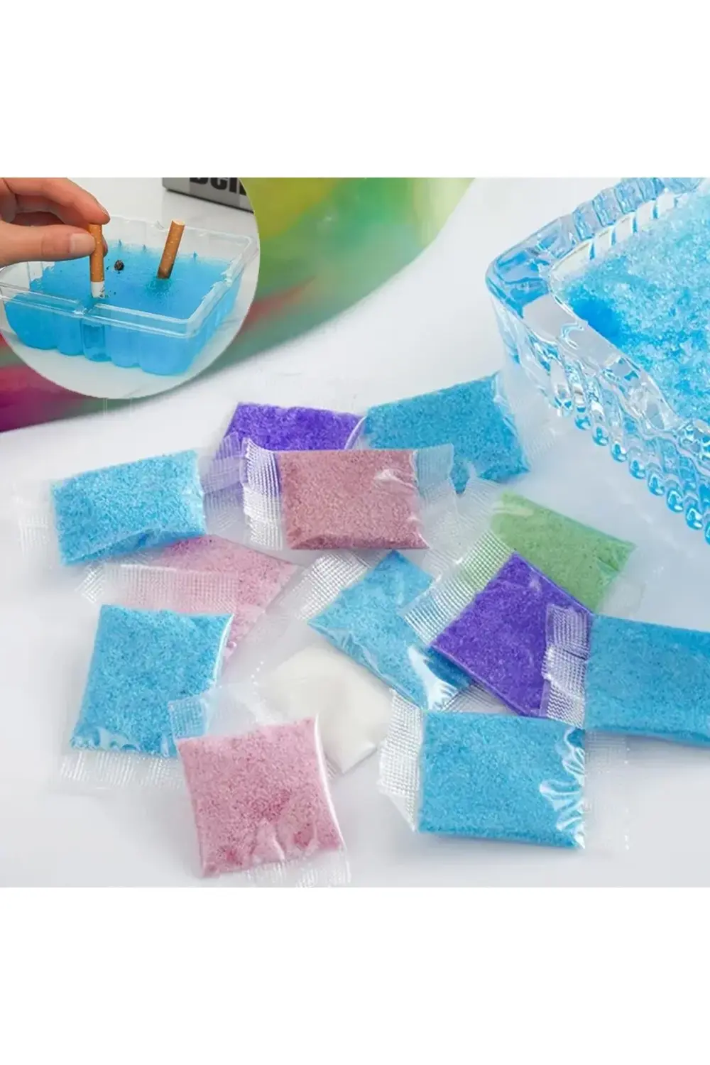 Plastik Kül Tablası + Renkli  Söndürme Jel Kum Seti – 5’li