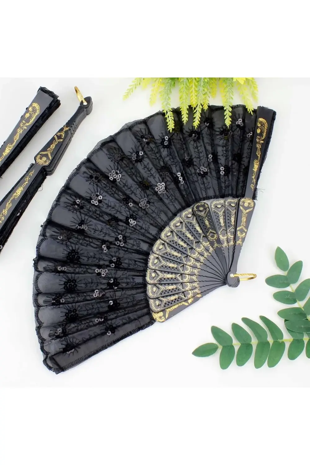 Plastik Pullu Kumaş Yelpaze 12'li Siyah