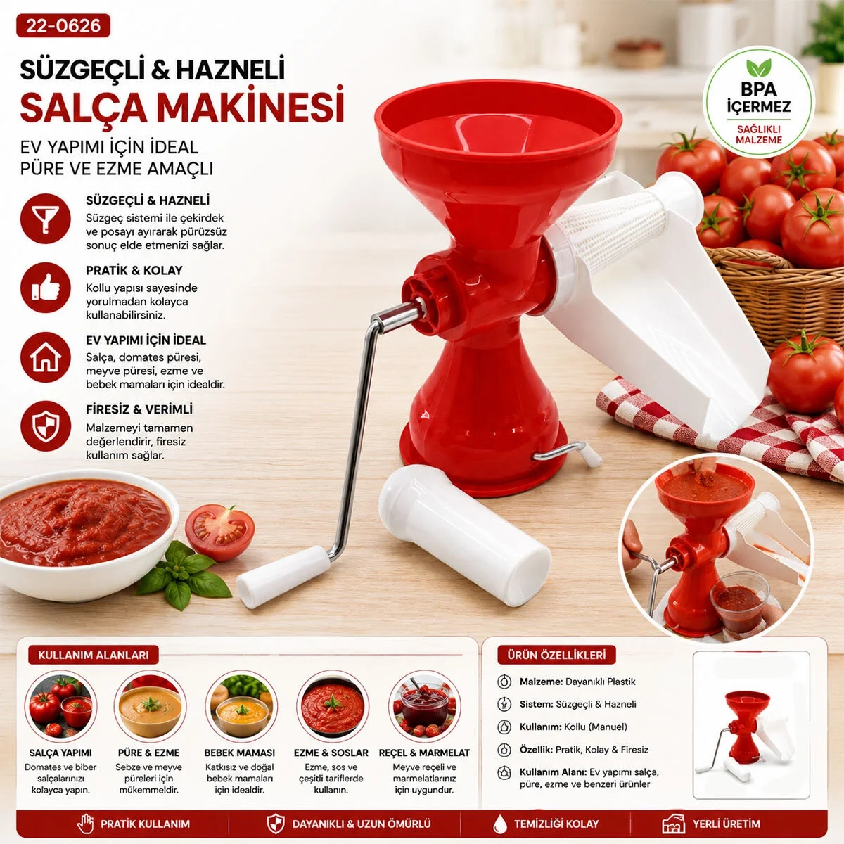 Plastik Süzgeçli - Hazneli Salça Makinesi  Metal Kollu Ev Yapımı Firesiz Pratik Kullanım Brkt-312007 Bx40 Fiyatı, Yorumları ve Özellikleri