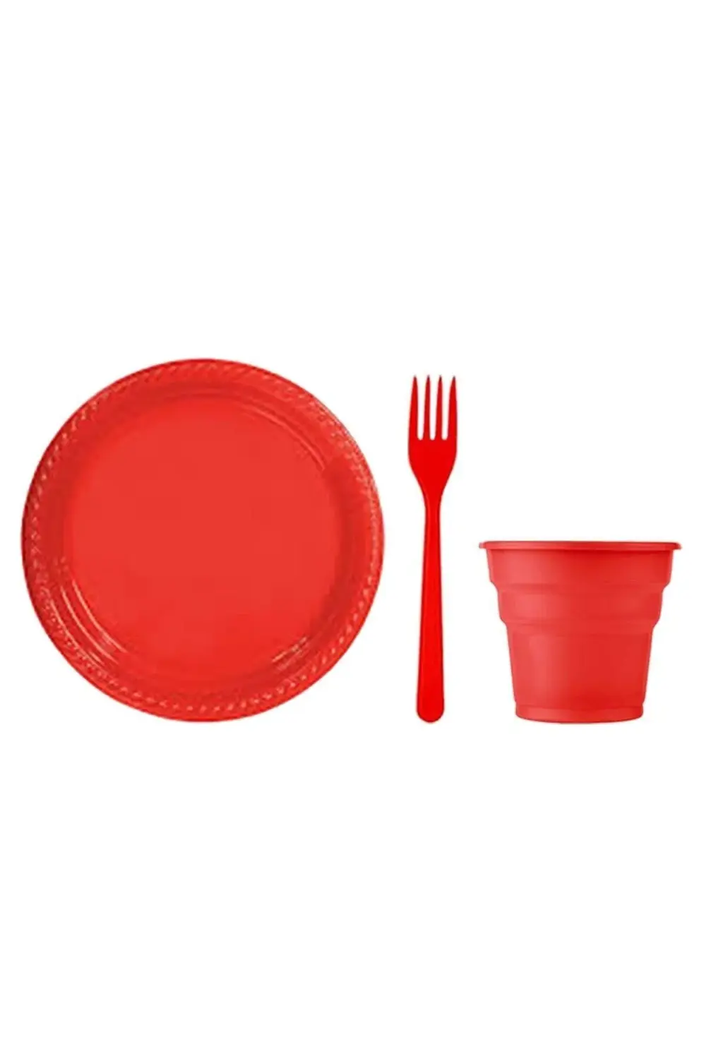 Plastik Tabak, Bardak, Çatal Set 48 Kişilik Sarı - Kırmızı