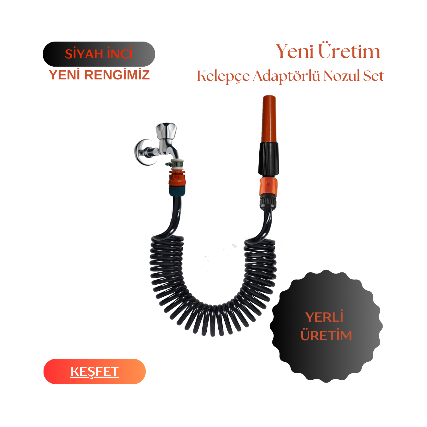 Plasyay Spiral Sulama Yıkama Hortumu Kelepçe Adaptörlü ve Ayarlı Nozul (Lans) Başlıklı Setler