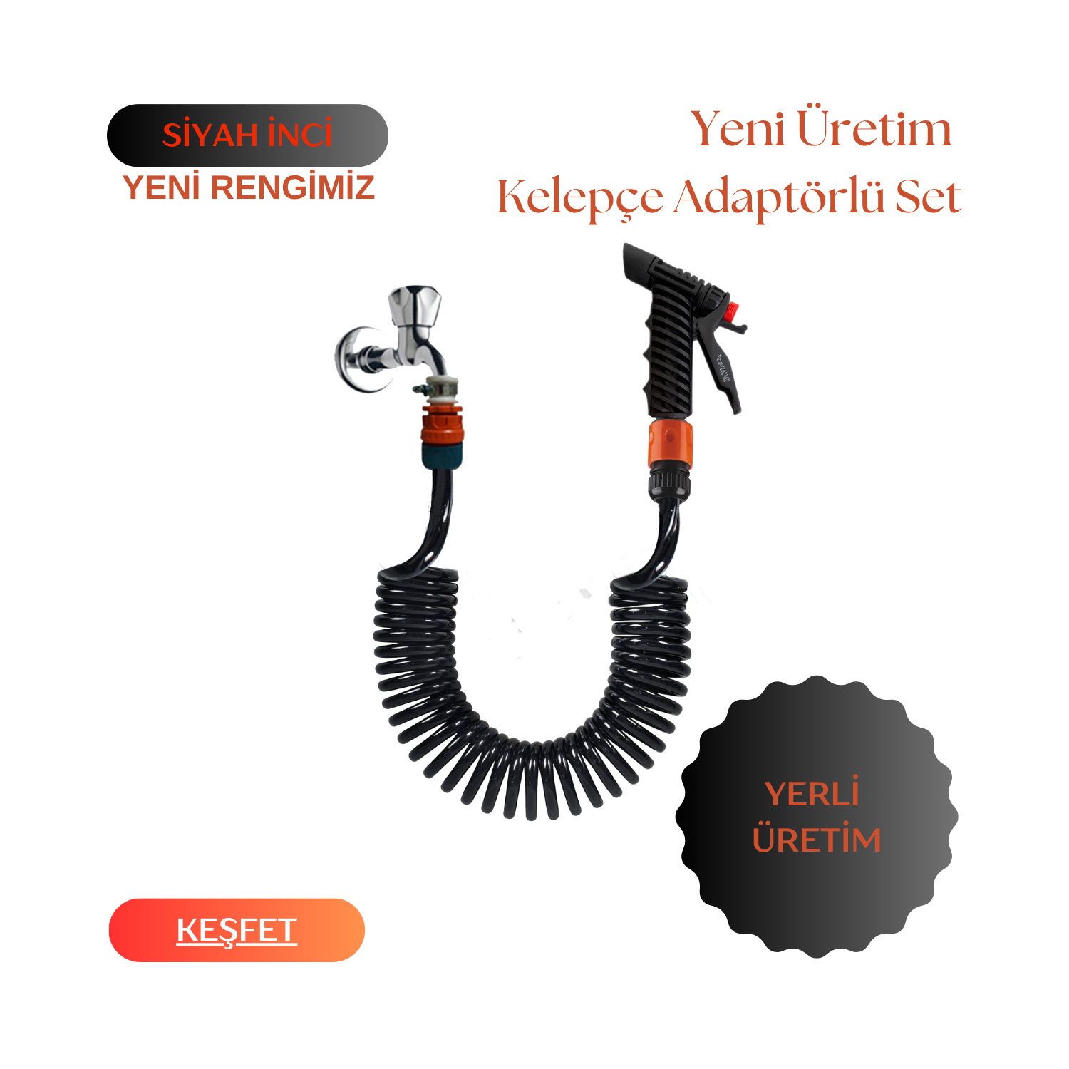 Plasyay Spiral Sulama Yıkama Hortumu Kelepçe Adaptörlü ve Yeni Tetik Başlıklı Setler