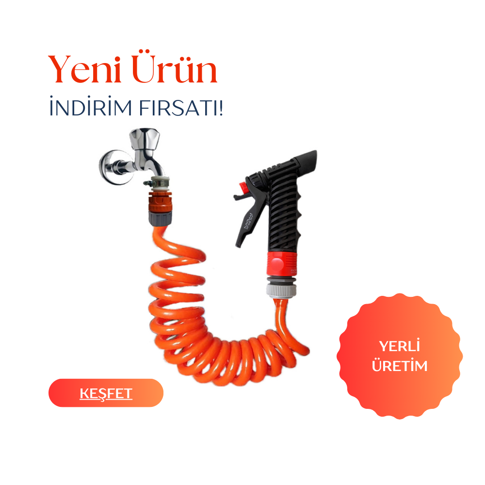 Plasyay Spiral Sulama Yıkama Hortumu Kelepçe Adaptörlü ve Yeni Tetik Başlıklı Setler