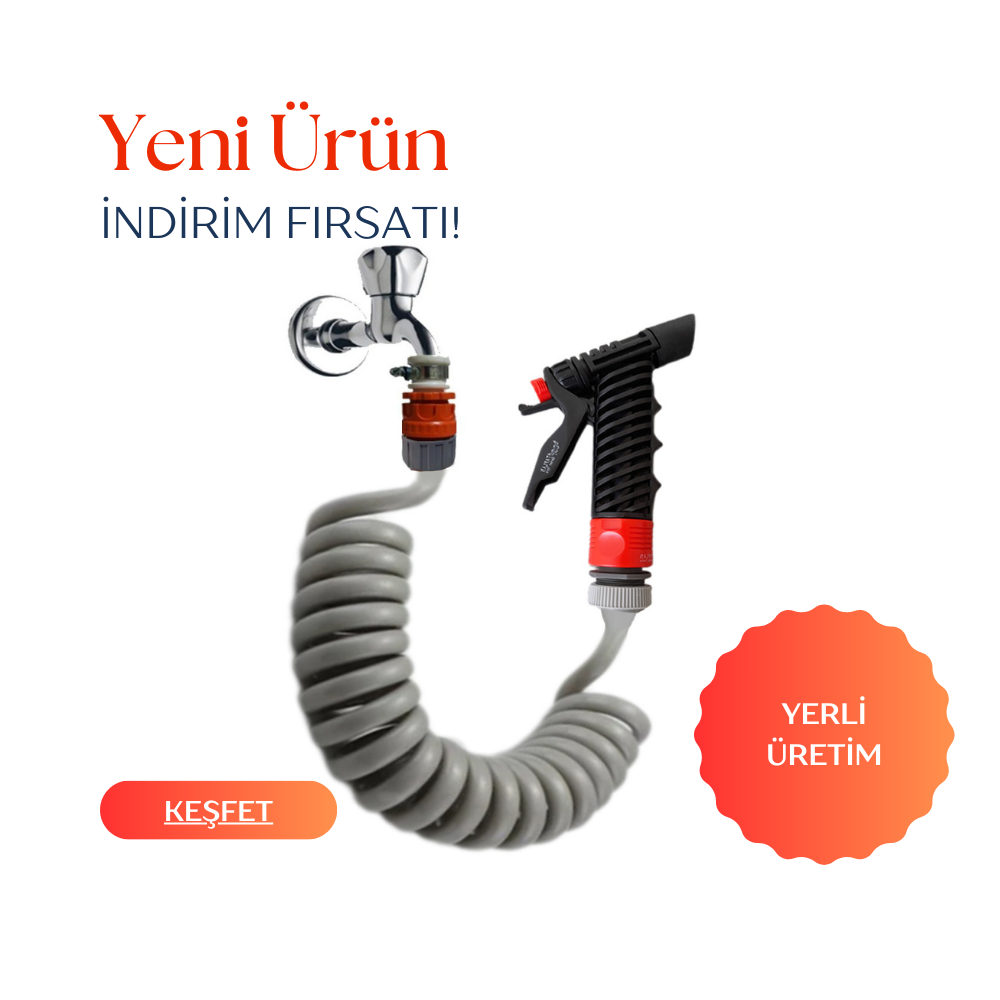 Plasyay Spiral Sulama Yıkama Hortumu Kelepçe Adaptörlü ve Yeni Tetik Başlıklı Setler