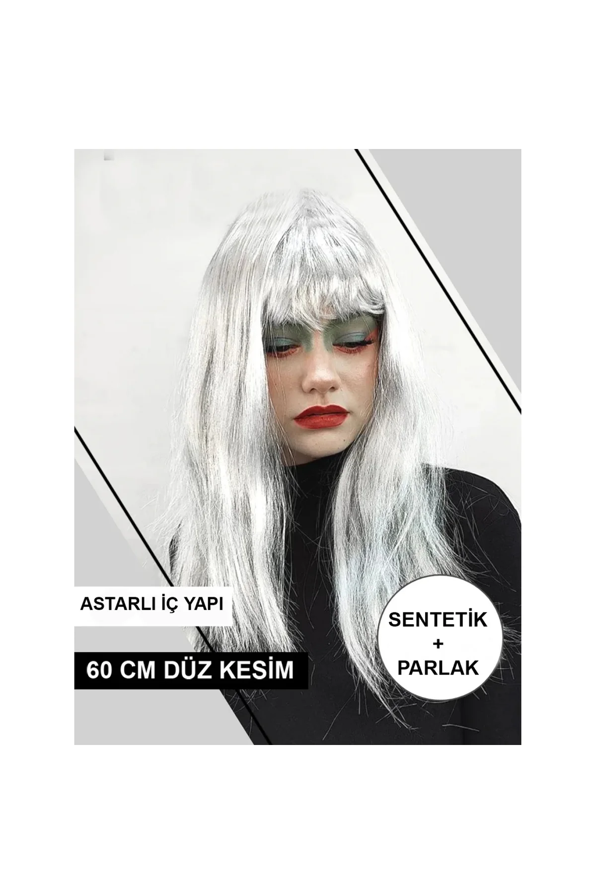 Platin Gri Gümüş Renk Uzun Parti Peruğu Uzun Takma Peruk