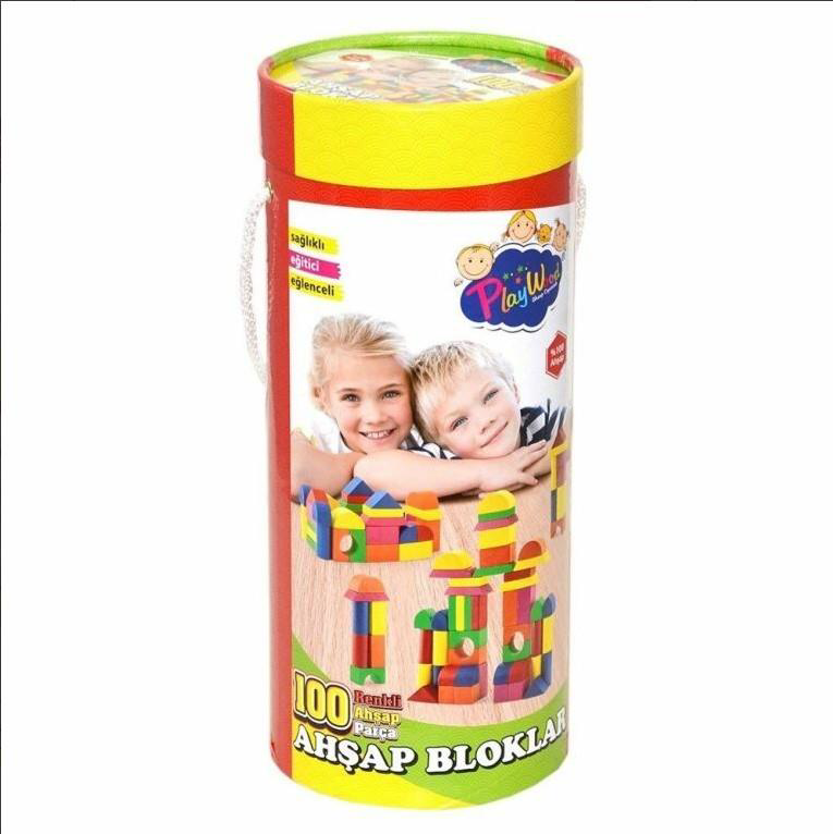 Playwood Silindir Kutulu 100 Parça Renkli Ahşap Bloklar