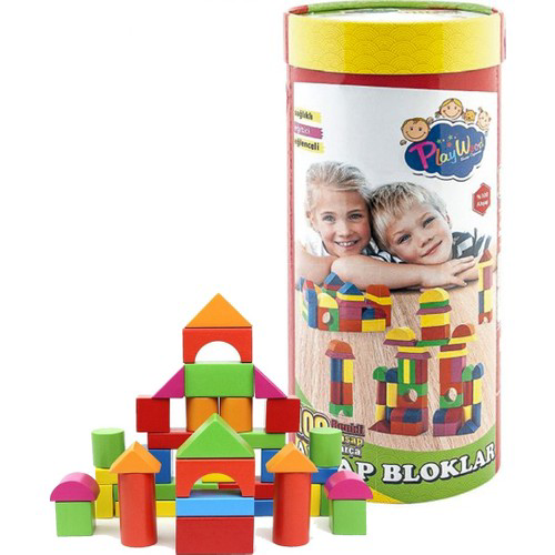 Playwood Silindir Kutulu 100 Parça Renkli Ahşap Bloklar