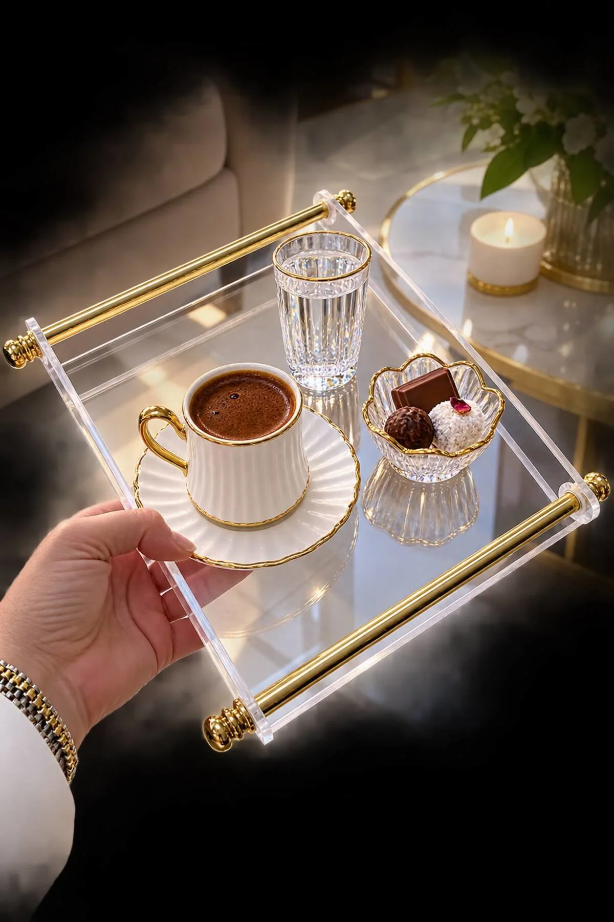Pleksi Gold Metal Klulplu Kahve Tepsisi Ve Sunum Tepsisi 25x21cm Fiyatı, Yorumları ve Özellikleri