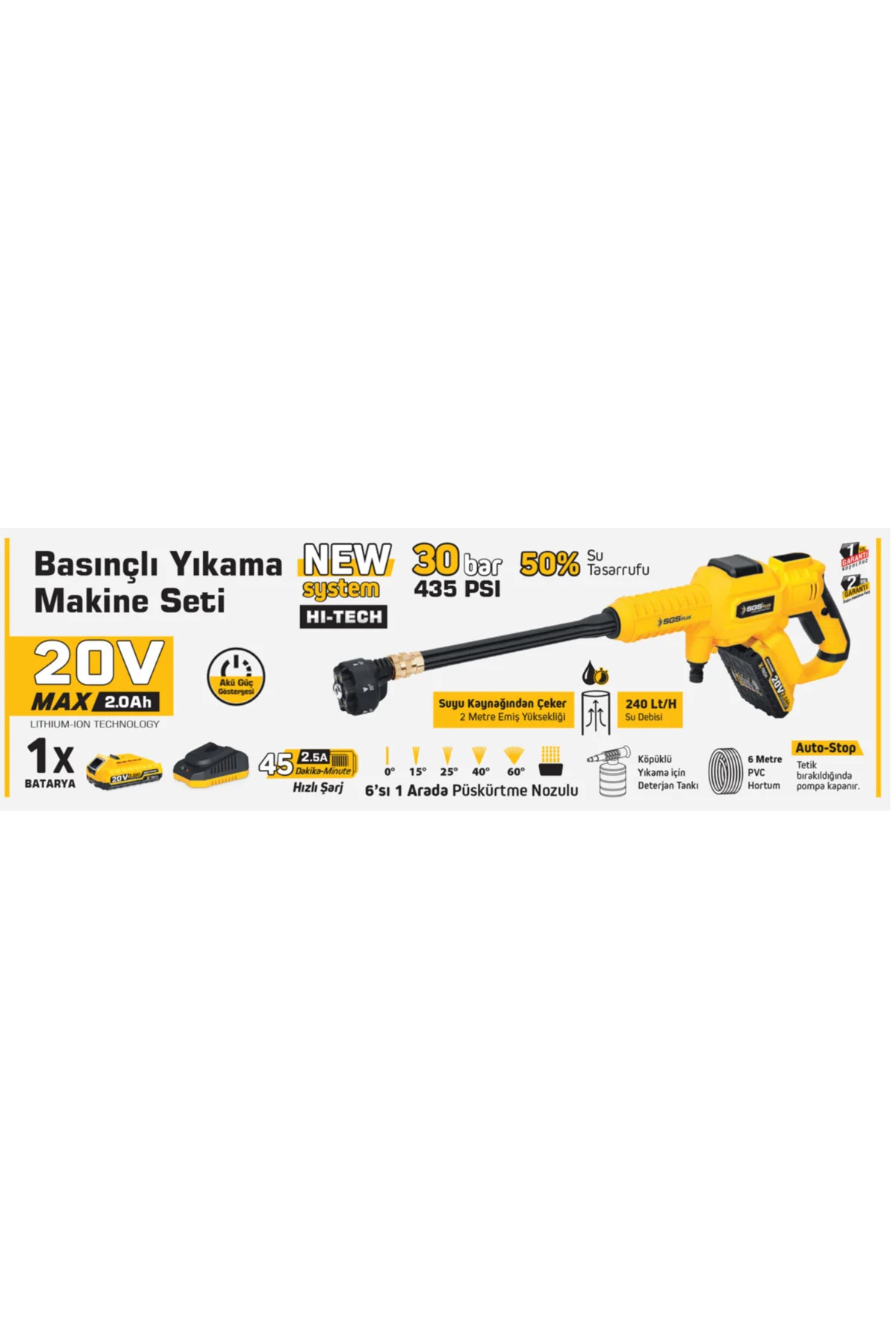 Plus Akülü Basınçlı Yıkama Makinesi Seti 30 bar 435 PSI 2.0 Ah SG