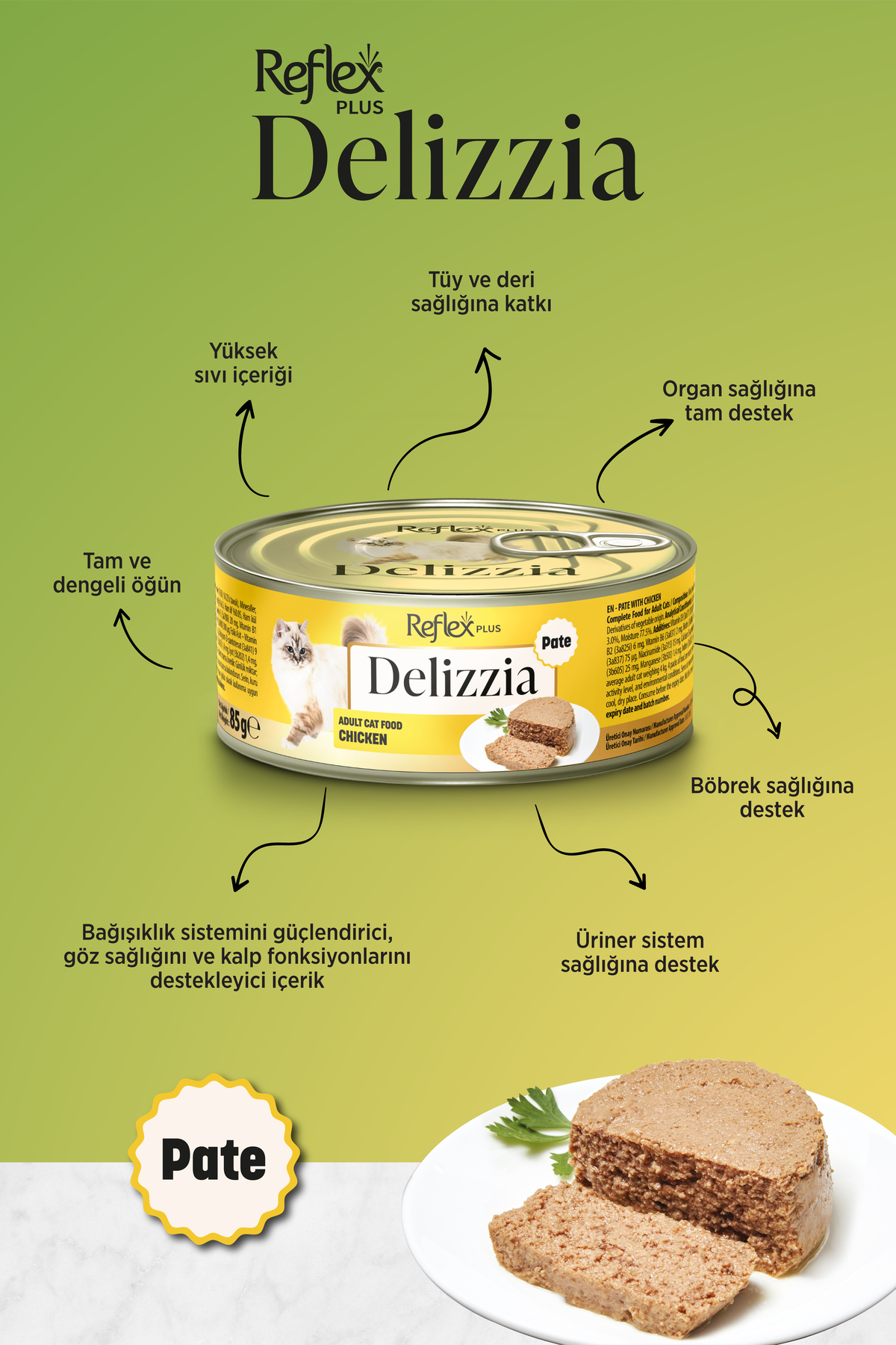 Plus Delizzia / Kıyılmış Tavuklu Yetişkin Kedi Maması 85g x 12 Ad