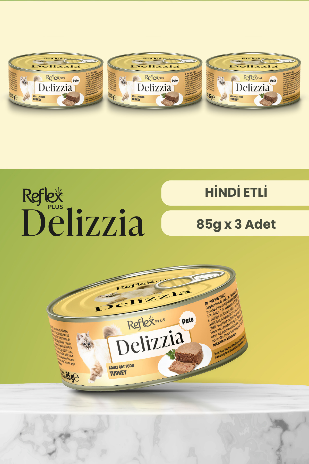 Plus Delizzia / Kıyılmış Hindi Etli Yetişkin Kedi Maması 85g x 3 