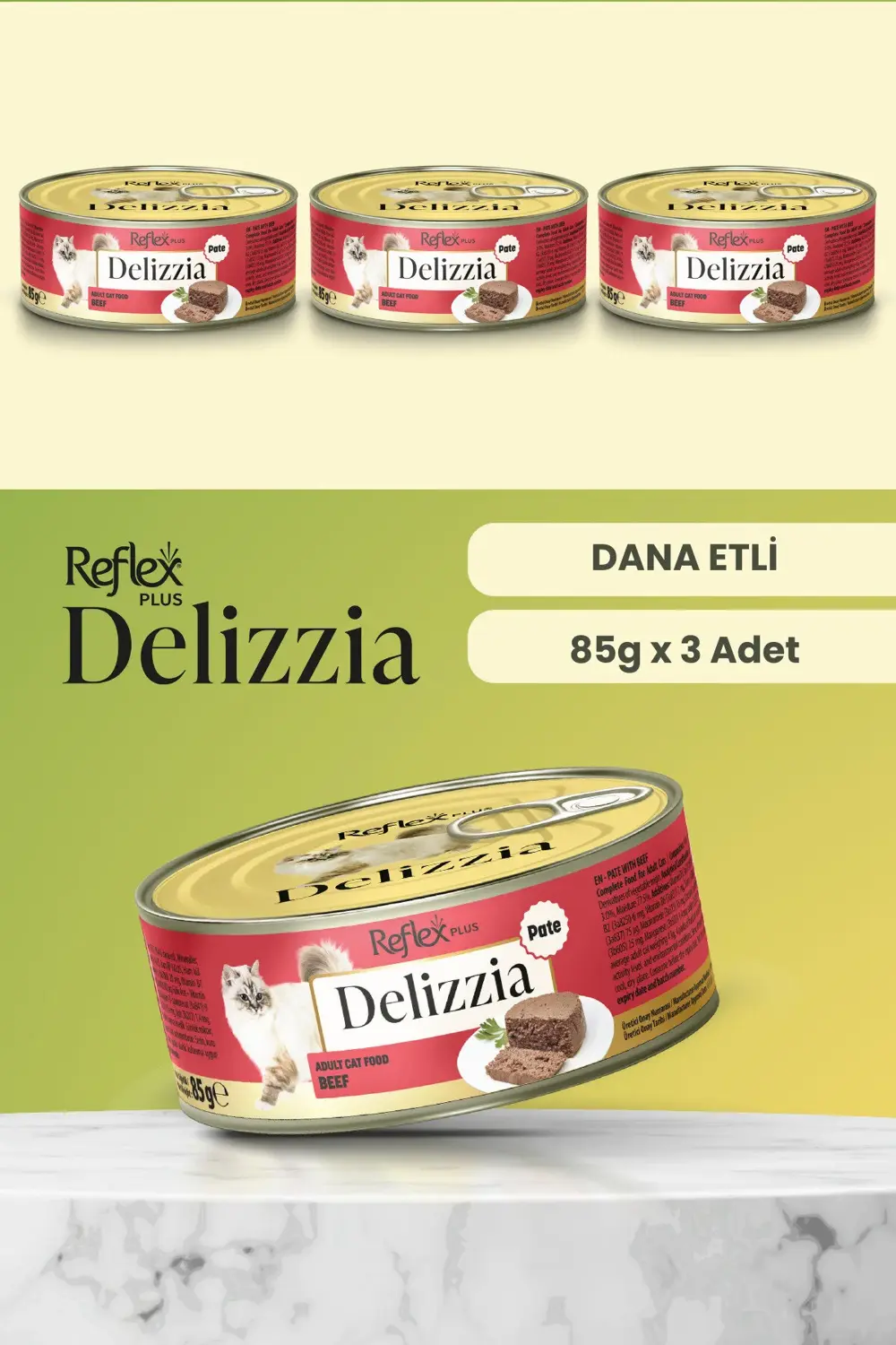 Plus Delizzia / Kıyılmış Dana Etli Yetişkin Kedi Maması 85g x 3 A