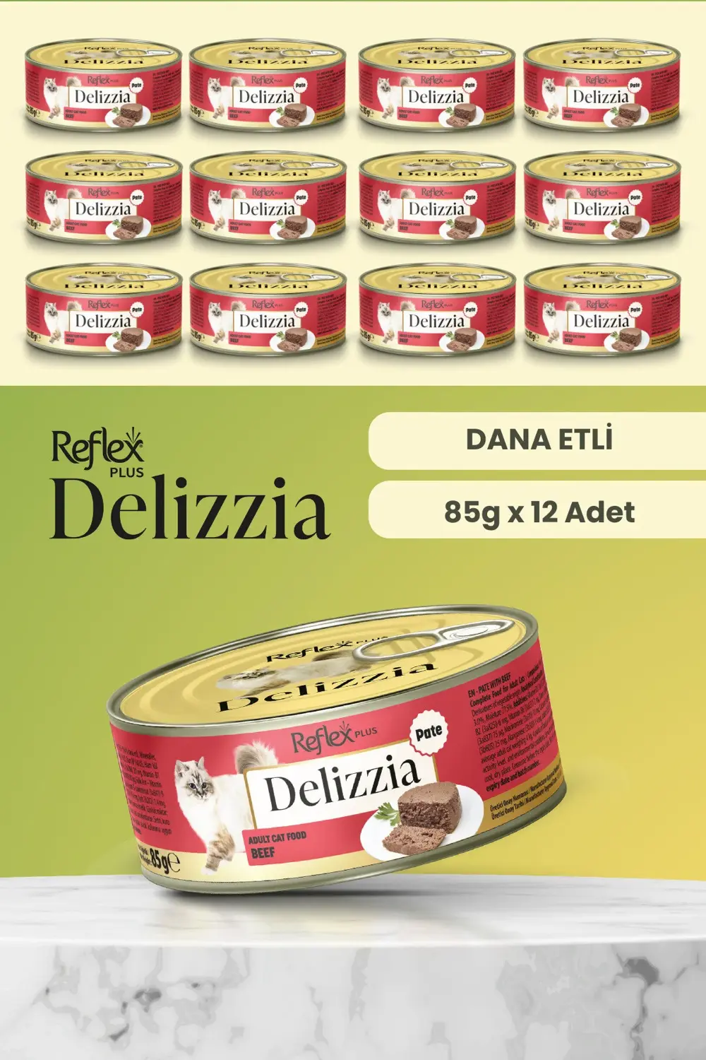 Plus Delizzia / Kıyılmış Dana Etli Yetişkin Kedi Maması 85g x 12