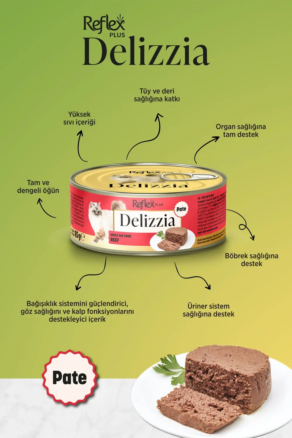 Plus Delizzia / Kıyılmış Dana Etli Yetişkin Kedi Maması 85g x 12