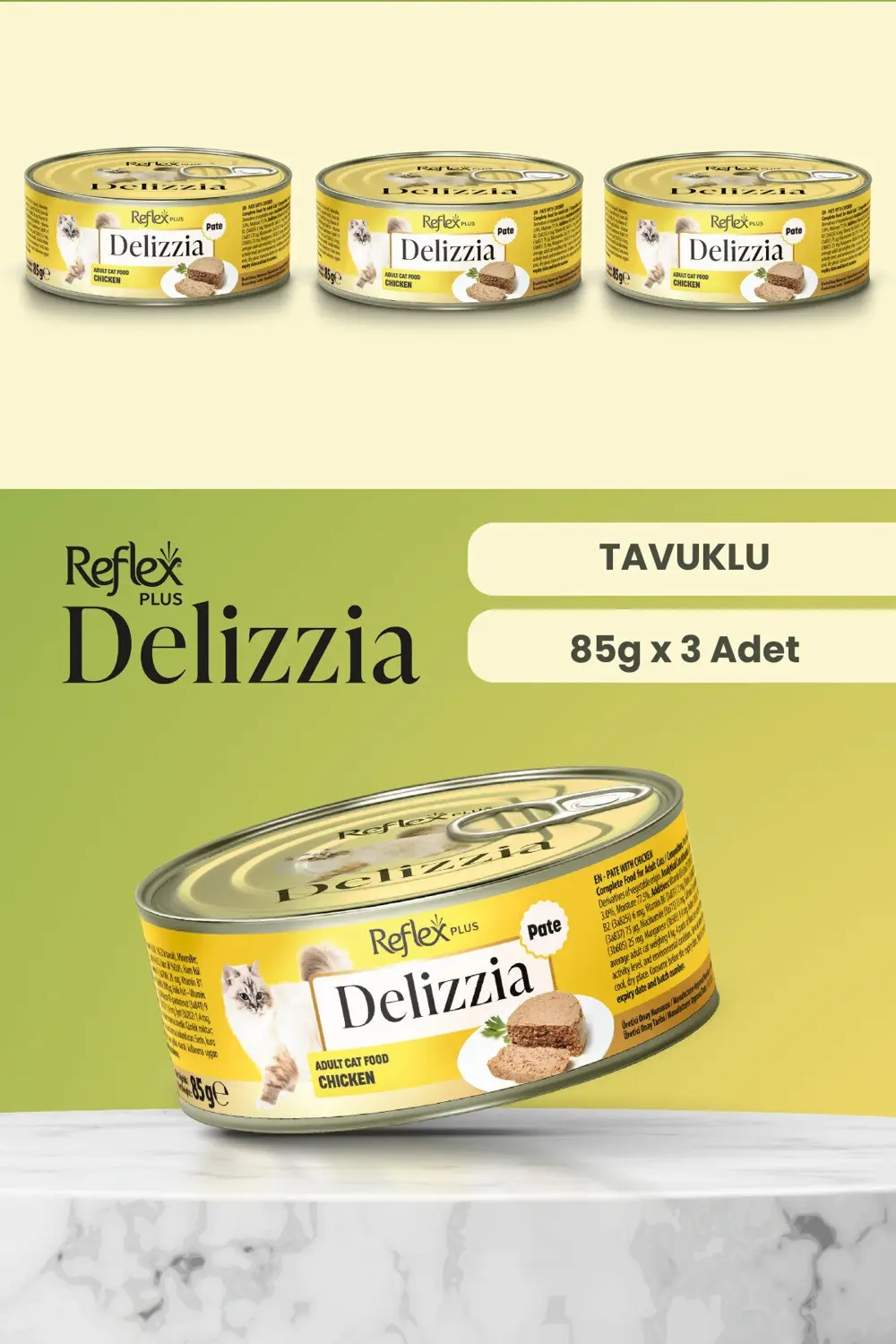 Plus Delizzia / Kıyılmış Tavuklu Yetişkin Kedi Maması 85g x 3 Ade