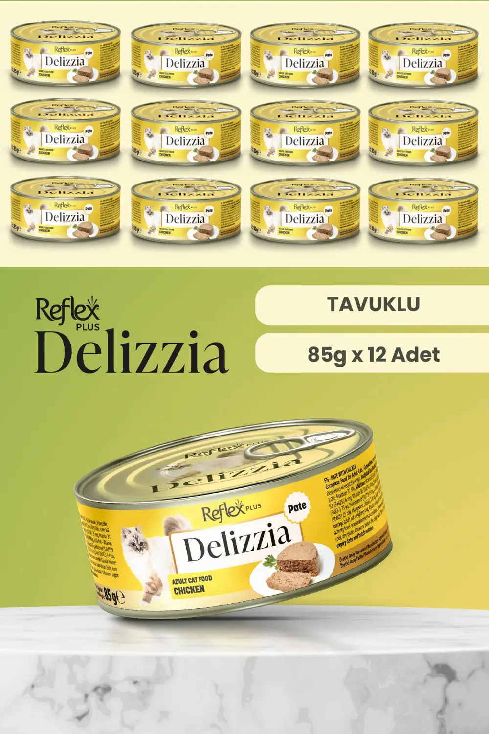 Plus Delizzia / Kıyılmış Tavuklu Yetişkin Kedi Maması 85g x 12 Ad