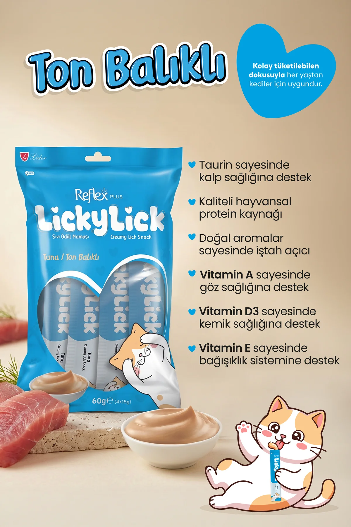 Plus LickyLick Ton Balıklı Sıvı Ödül Maması 60g (4 x 15 g) Plus LickyLick Ton Balıklı Sıvı Ödül Maması 60g (4 x 15 g) - Görsel 2