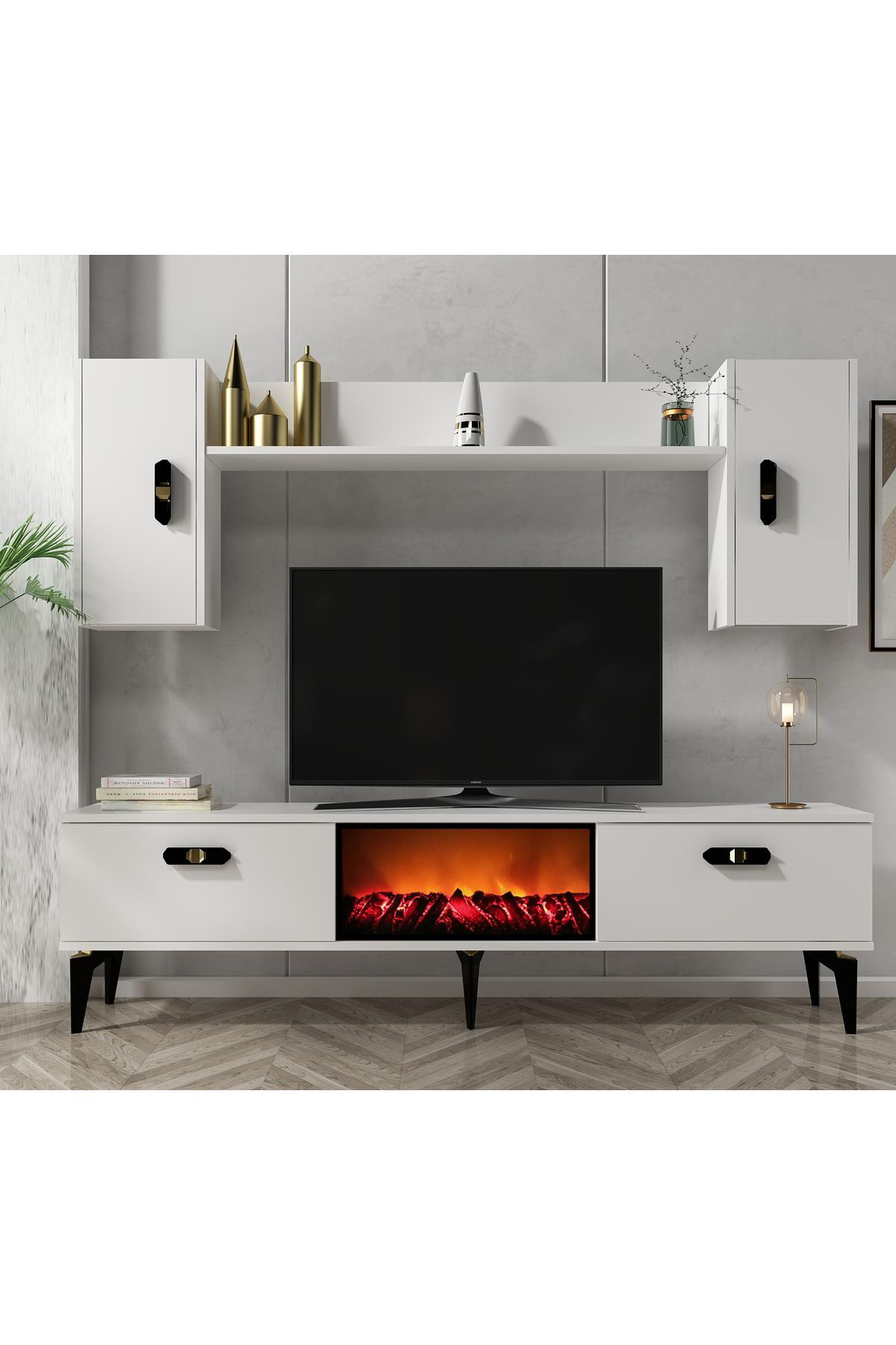 Cantek Dizayn Pluss Şömineli Tv Ünitesi Takimi Beyaz-Beyaz