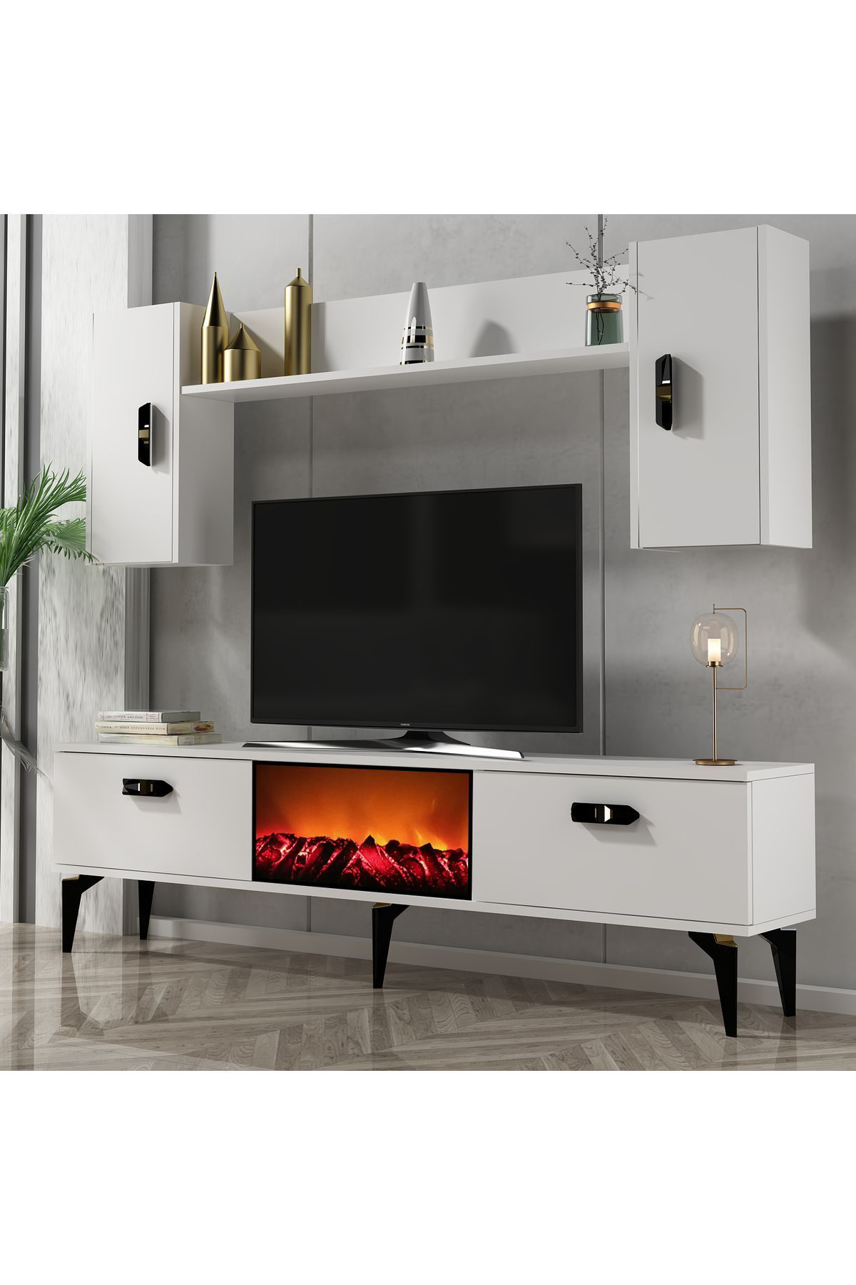 Cantek Dizayn Pluss Şömineli Tv Ünitesi Takimi Beyaz-Beyaz