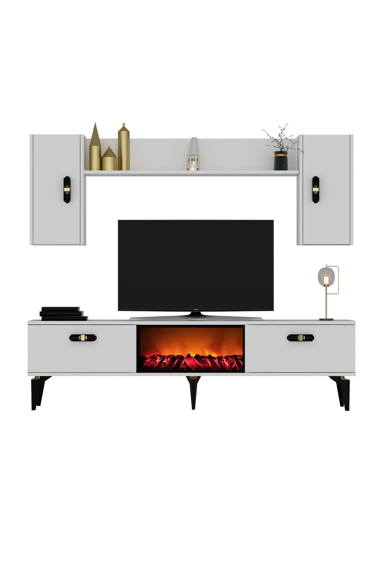 Cantek Dizayn Pluss Şömineli Tv Ünitesi Takimi Beyaz-Beyaz