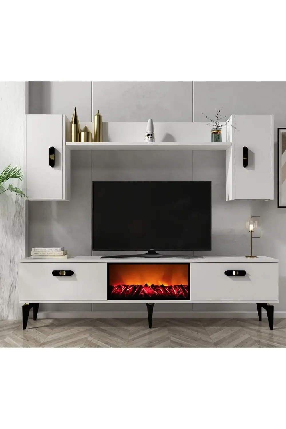 PLUSS ŞÖMİNELİ TV ÜNİTESİ TAKIMI BEYAZ-BEYAZ