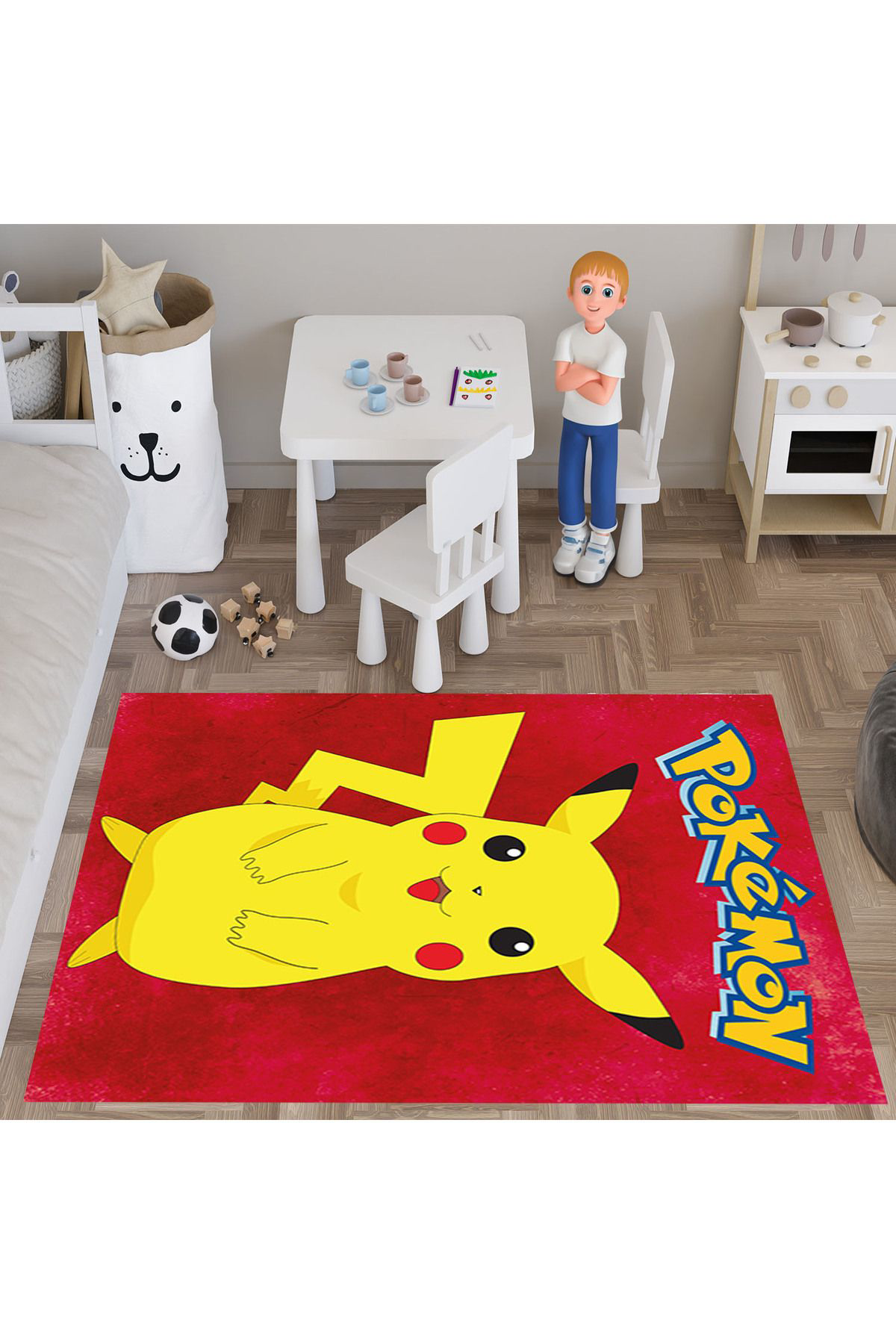 Evan Home Pokemon Pikaçu  Desenli  Dijital Baski Yikanabilir Kaymaz Taban Çocuk Odasi Halisi