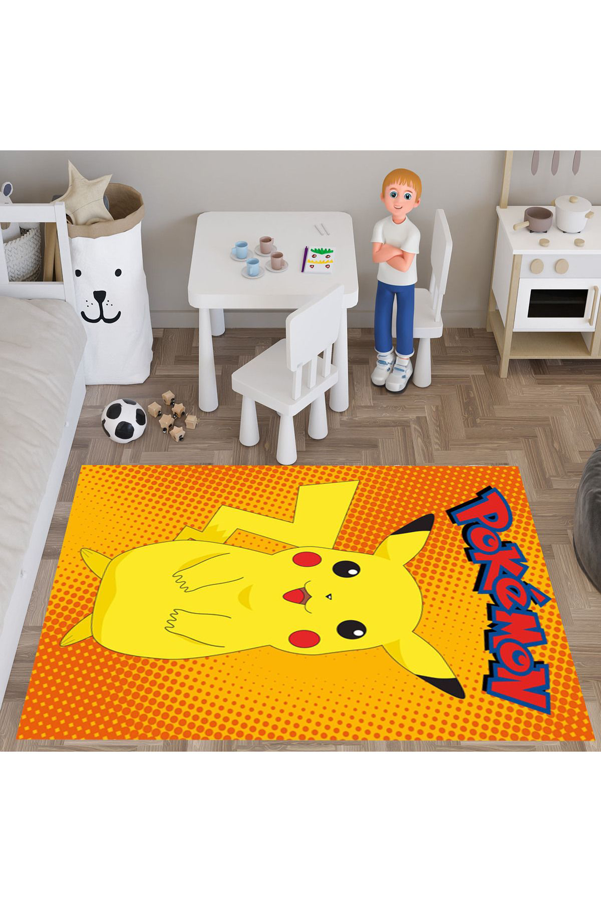 Evan Home Pokemon Pikaçu  Desenli  Dijital Baskı Yıkanabilir Kaymaz Taban Çocuk Odası Halısı