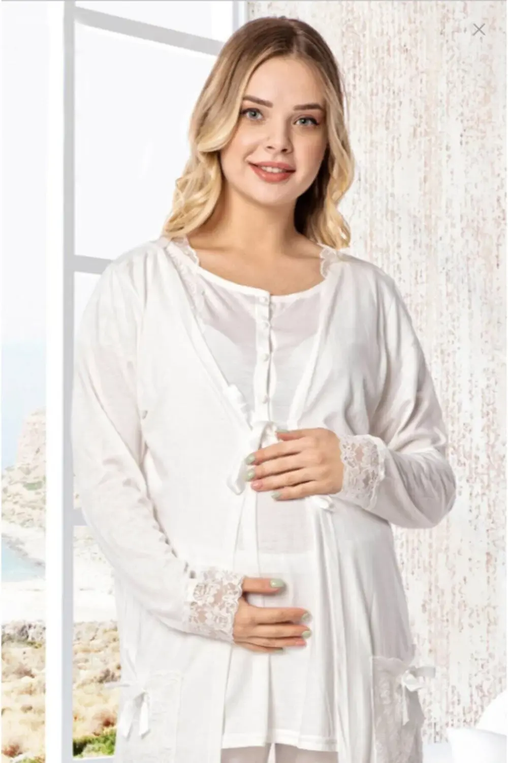 Polat Yıldız Kadın Ekru Lohusa Hamile Sabahlıklı Pijama Takımı 3'