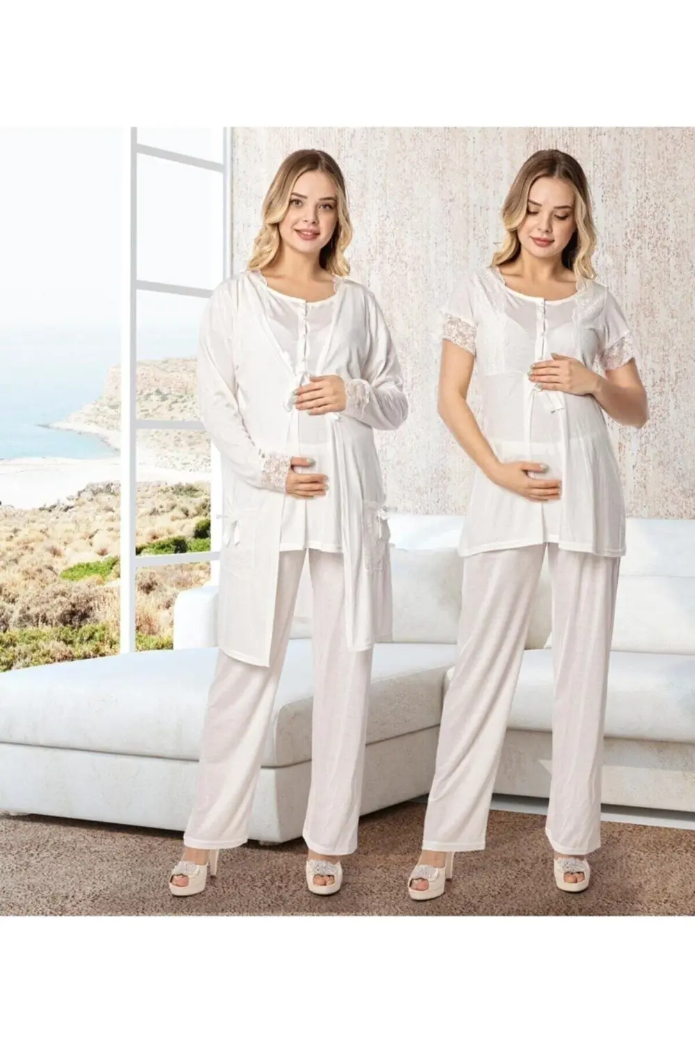 Polat Yıldız Kadın Ekru Lohusa Hamile Sabahlıklı Pijama Takımı 3'