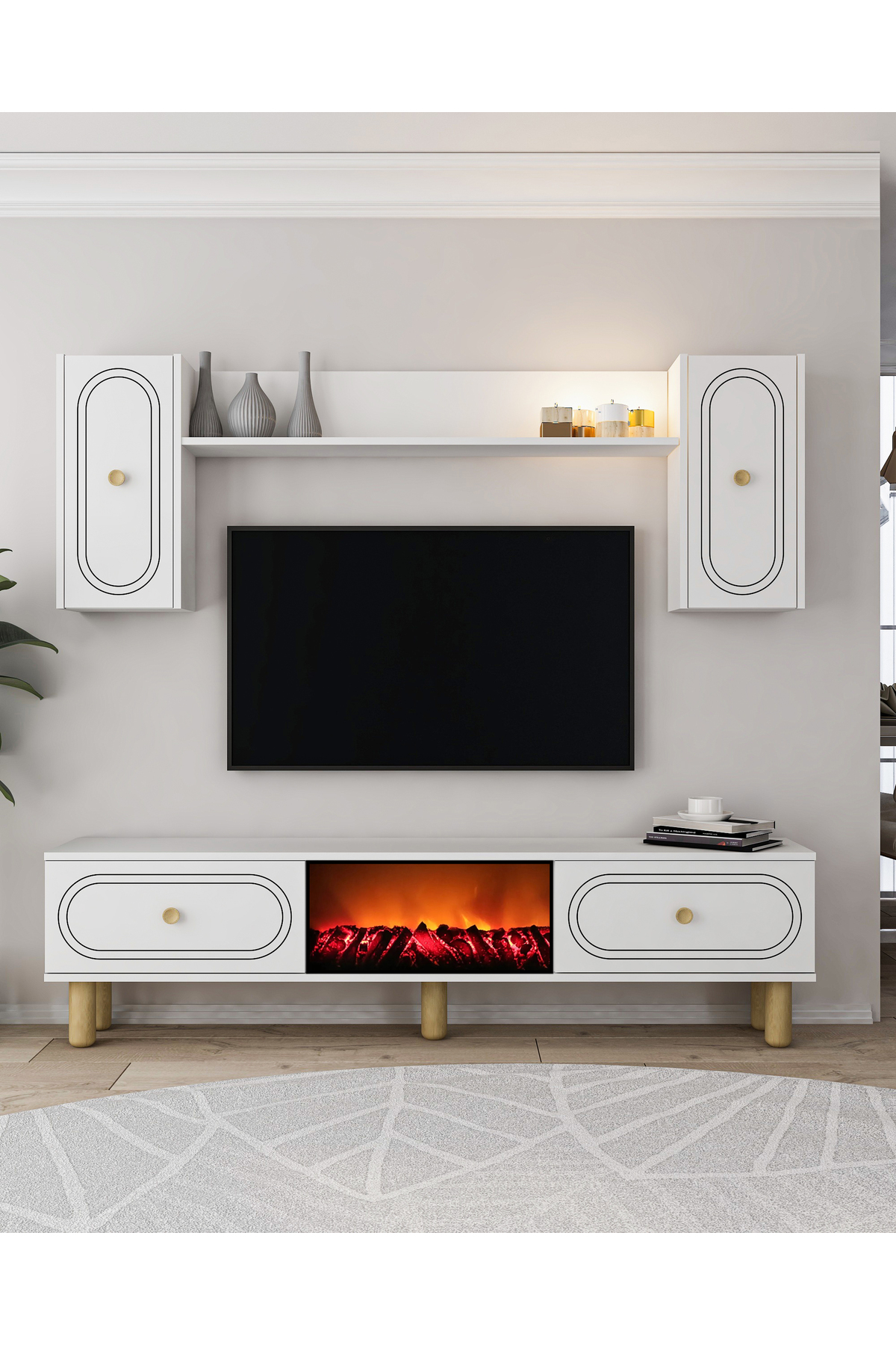 Cantek Dizayn Polenct Bohem Şömineli (A) Tv Ünitesi Takimi Beyaz-Beyaz