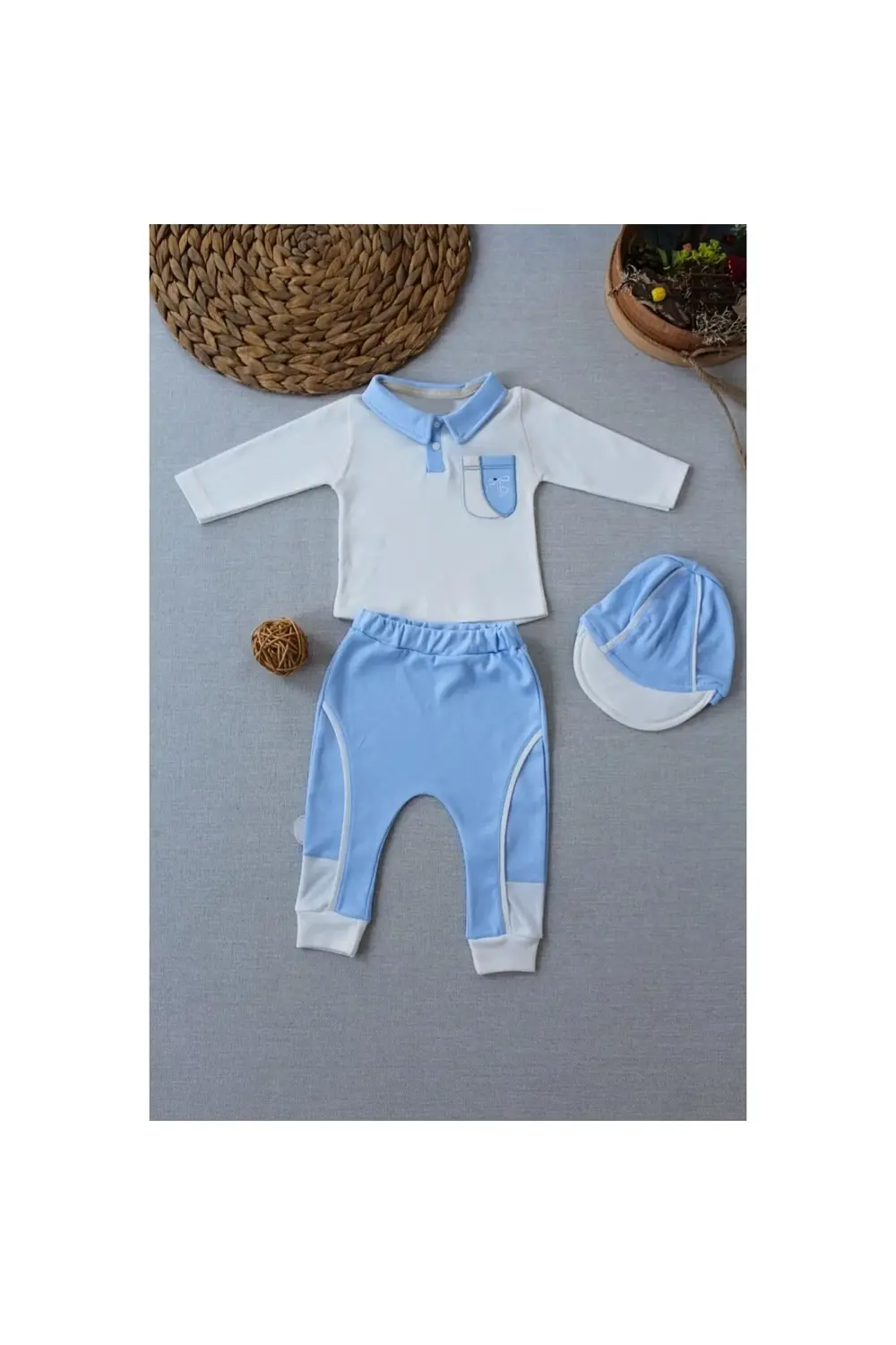 POLEXP Nakışlı Cep Şapkalı Erkek Bebek Sweat 3'lü Takım Mavi