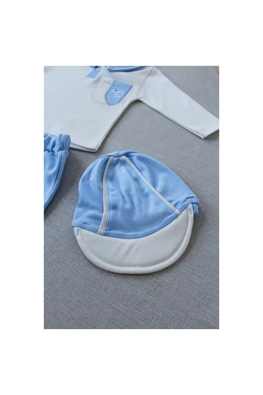 POLEXP Nakışlı Cep Şapkalı Erkek Bebek Sweat 3'lü Takım Mavi