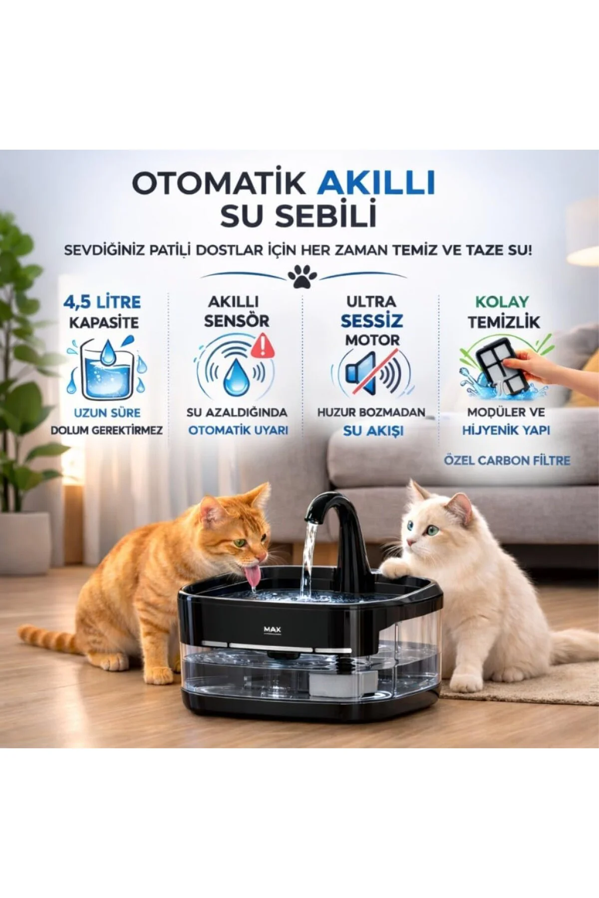 Polham Akıllı Otomatik Kedi Köpek Su Sebili 4.5L | Sessiz Motorlu