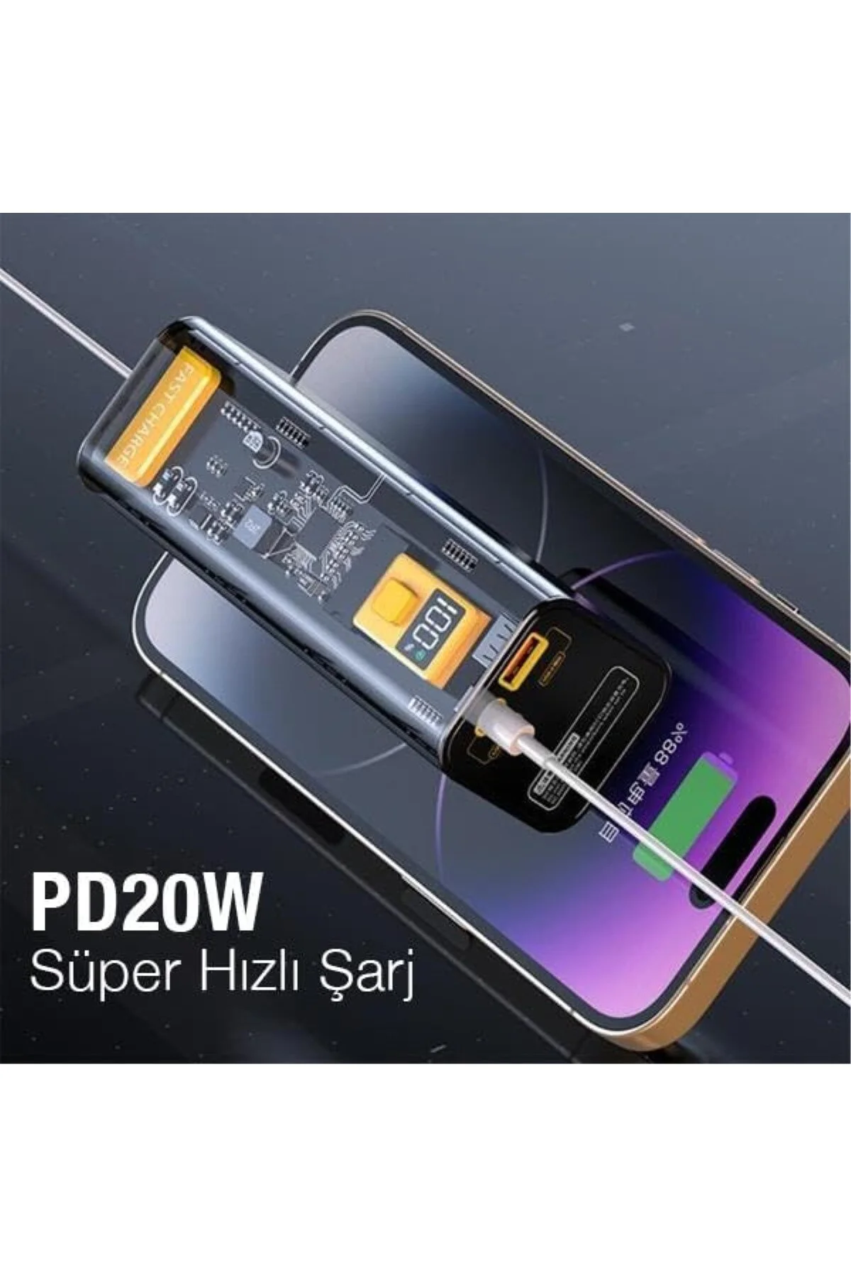 Polham Super Hızlı Şeffaf 22.5W 30000mAh Taşınabilir Powerbank, L