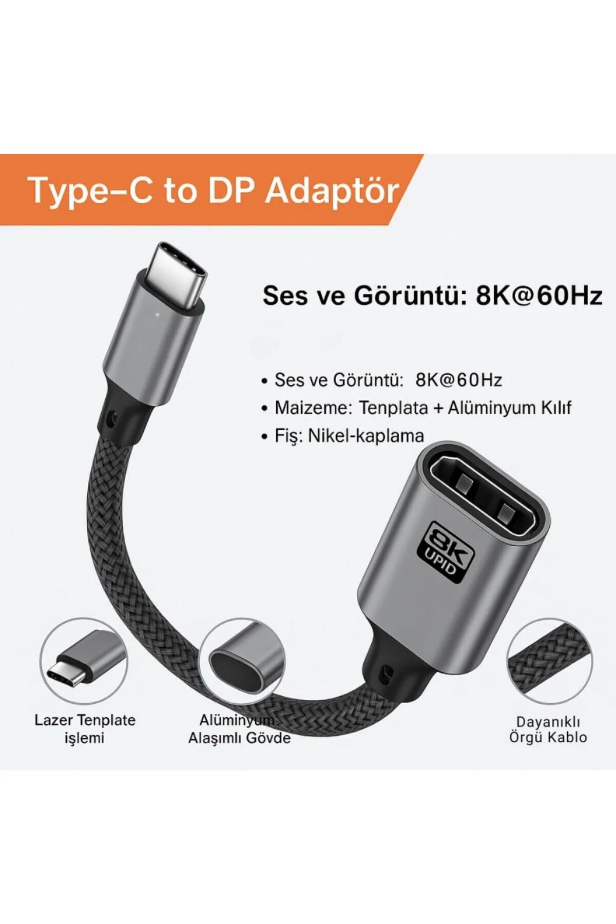 Polham Type C To Displayport Adaptör 8K UHD 60Hz | Dayanıklı Örgü