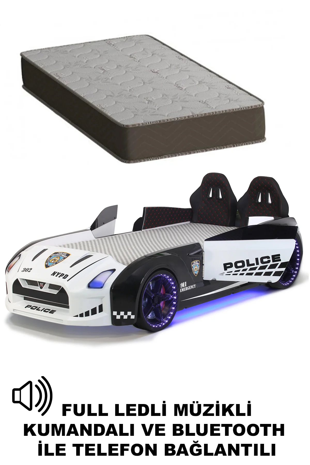 Polis Arabalı Yatak Kapıları Açılan GTR Full Ledli Kumandalı ve Müzikli + Ortopedik Yatak