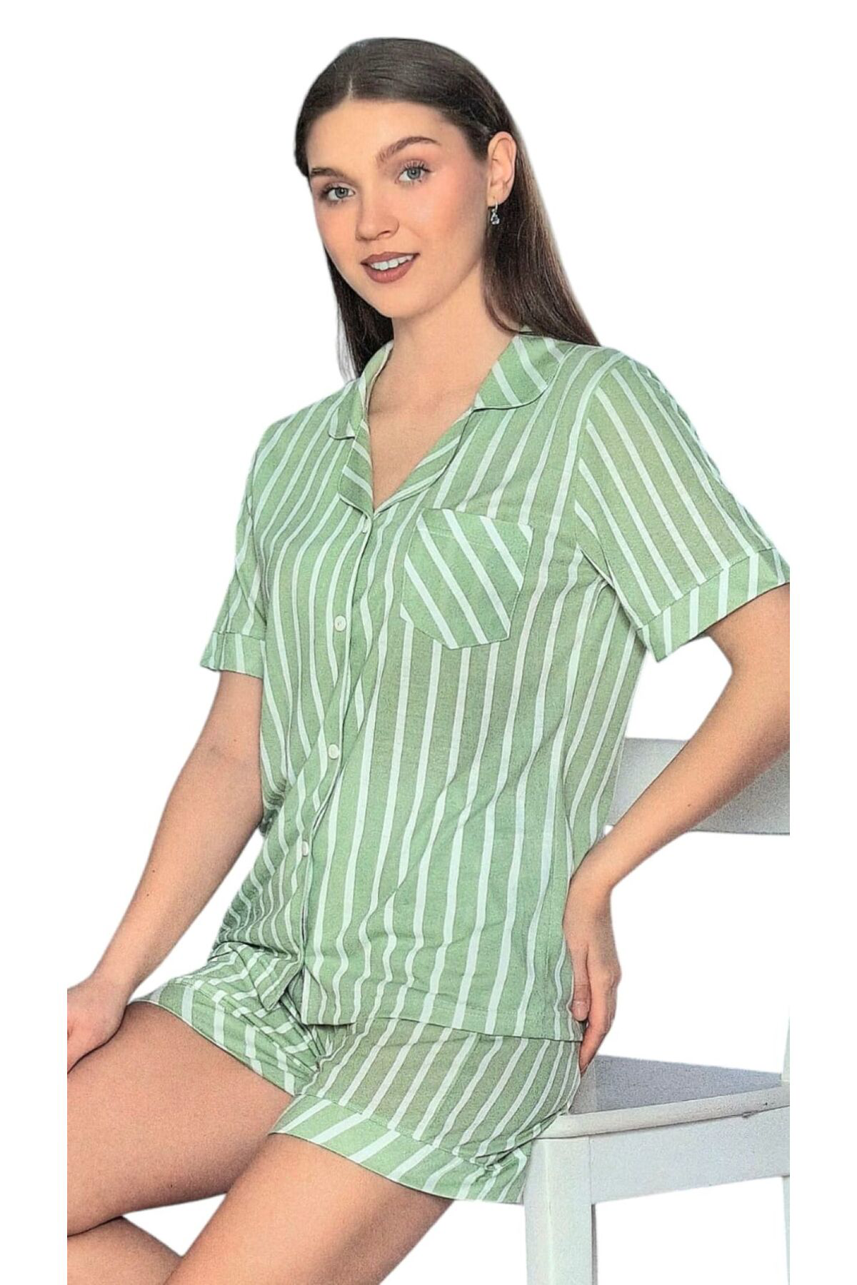 Alperi Poliviskon Kısa Kol Gömlek-Şort Pijama Takımı Çizgili Yazlık