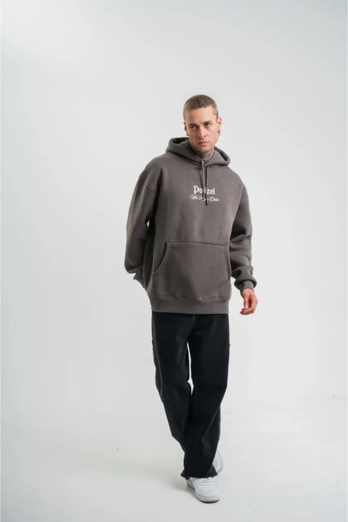 POLIZEI Premium Kalite Kapşonlu Dijital Patchli SweatShirt - Füme