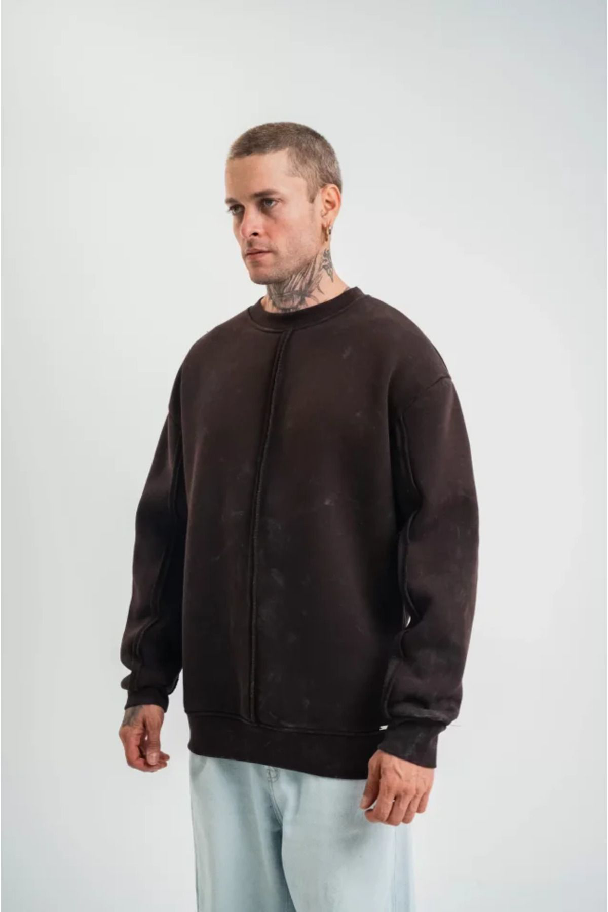 POLIZEI Premium Kalite Bisiklet Yaka Yıkamalı SweatShirt - Kahver