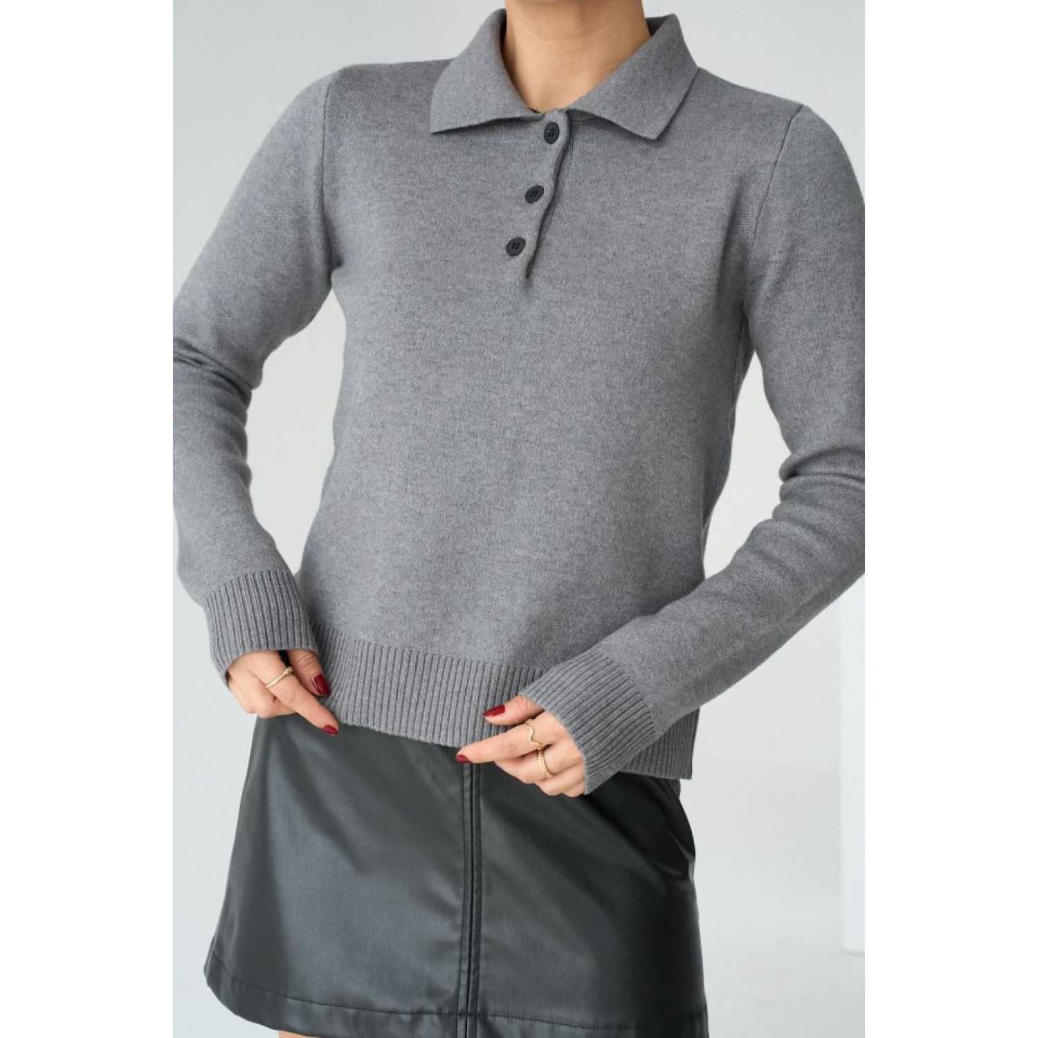 Polo Yaka 3 Düğmeli Kazak - Gri