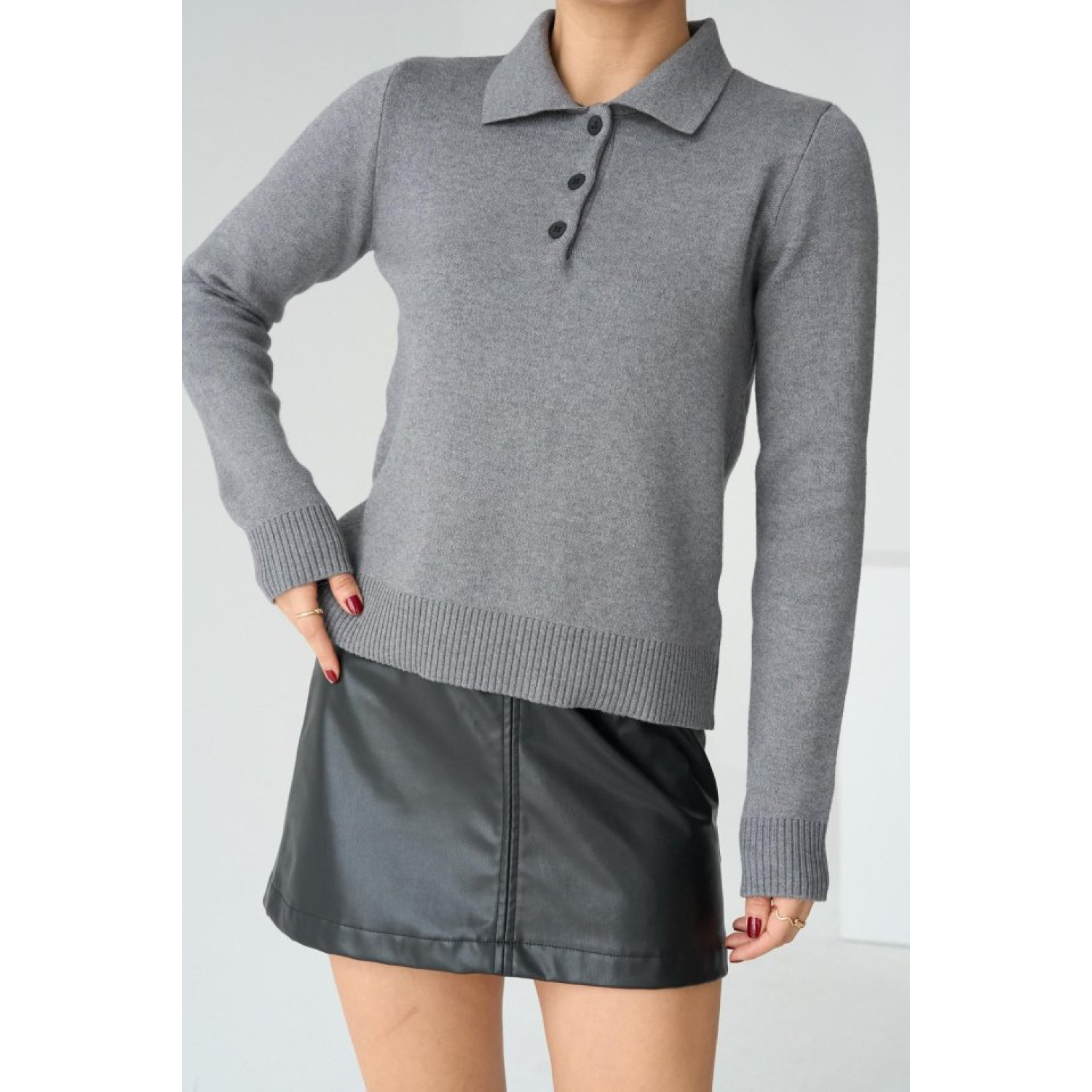 Polo Yaka 3 Düğmeli Kazak - Gri