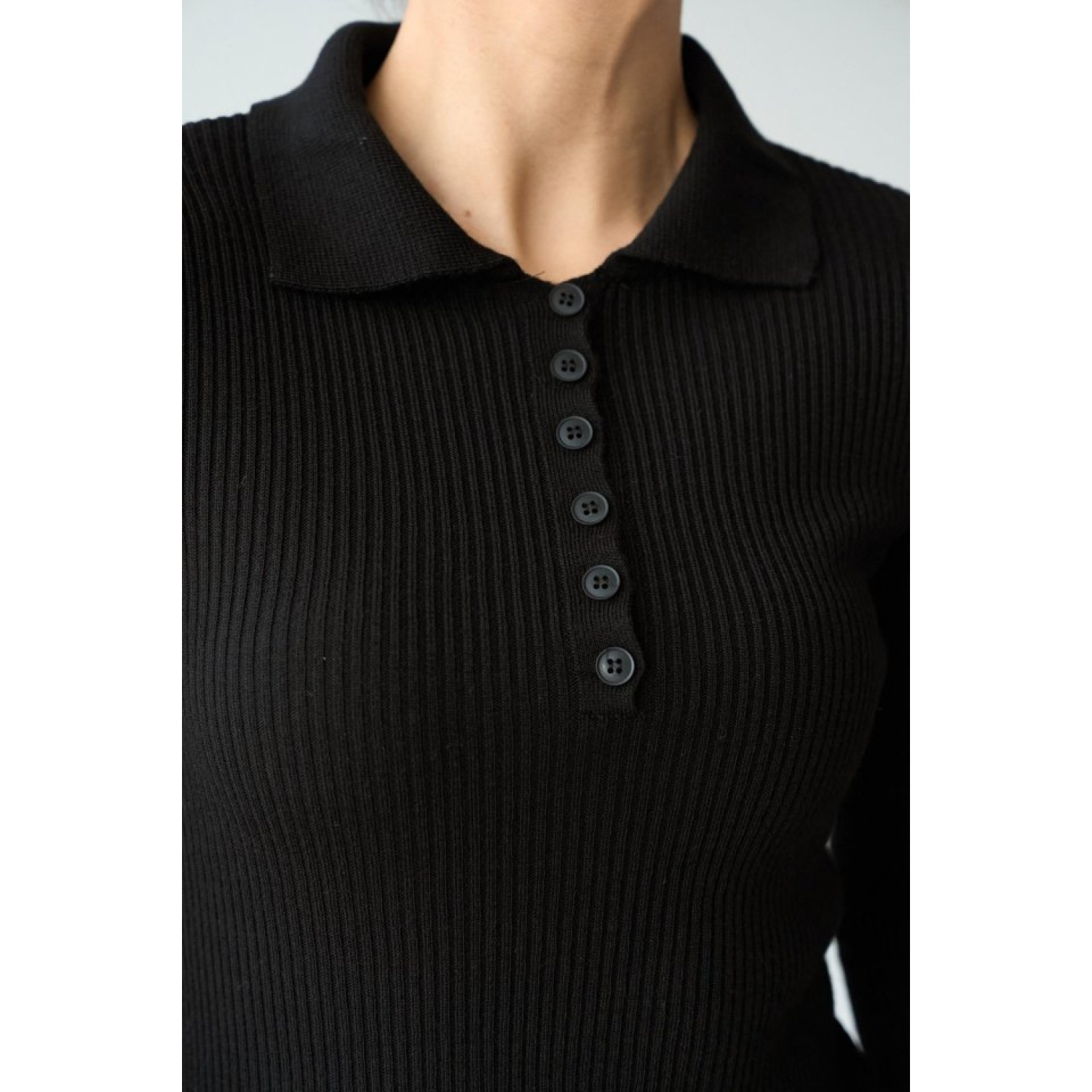 Polo Yaka 6 Düğmeli Kazak - Siyah