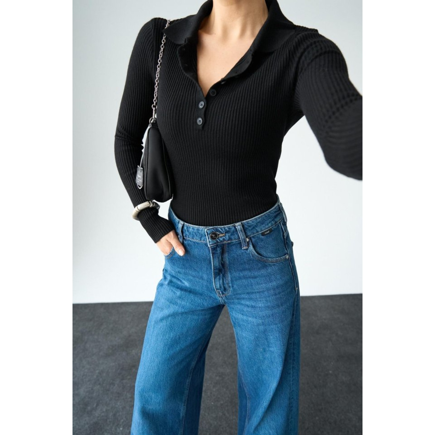 Polo Yaka 6 Düğmeli Kazak - Siyah