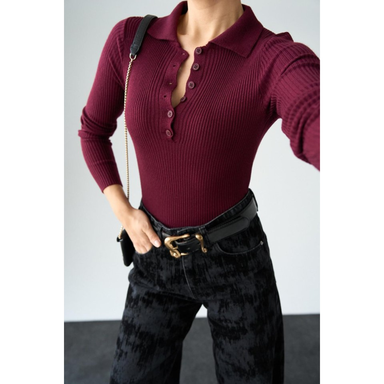 Polo Yaka 6 Düğmeli Kazak - Bordo