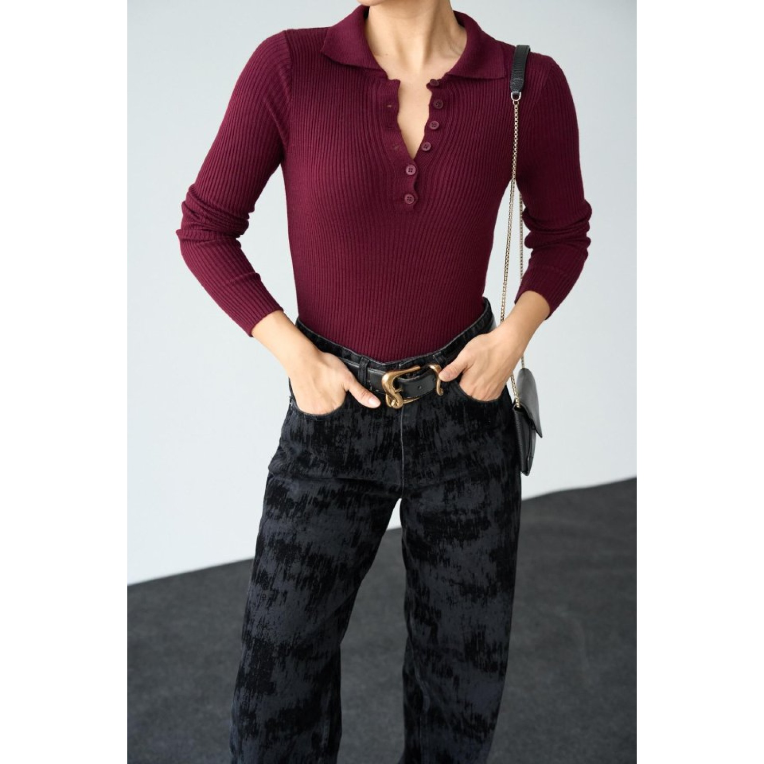 Polo Yaka 6 Düğmeli Kazak - Bordo