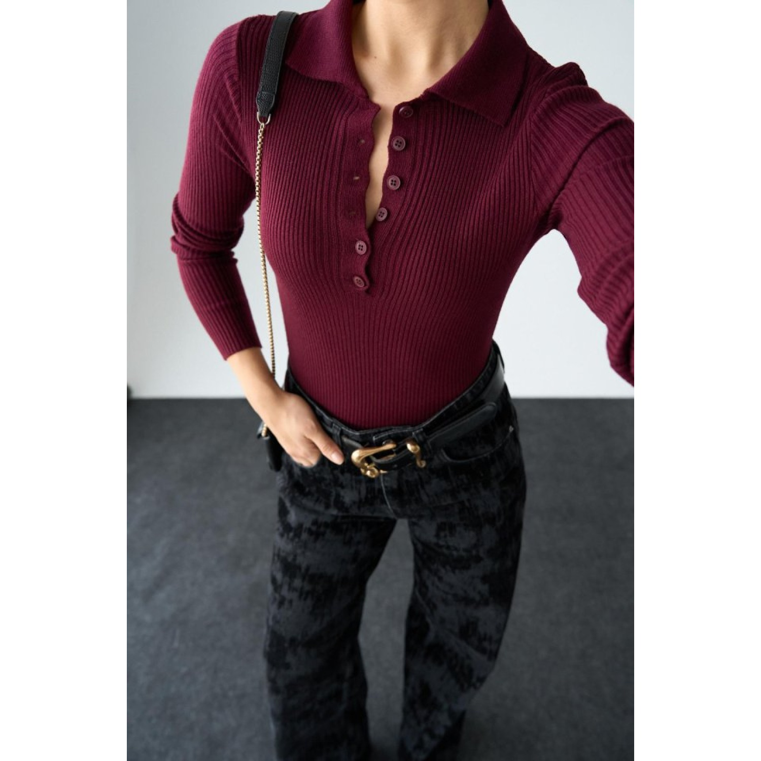 Polo Yaka 6 Düğmeli Kazak - Bordo