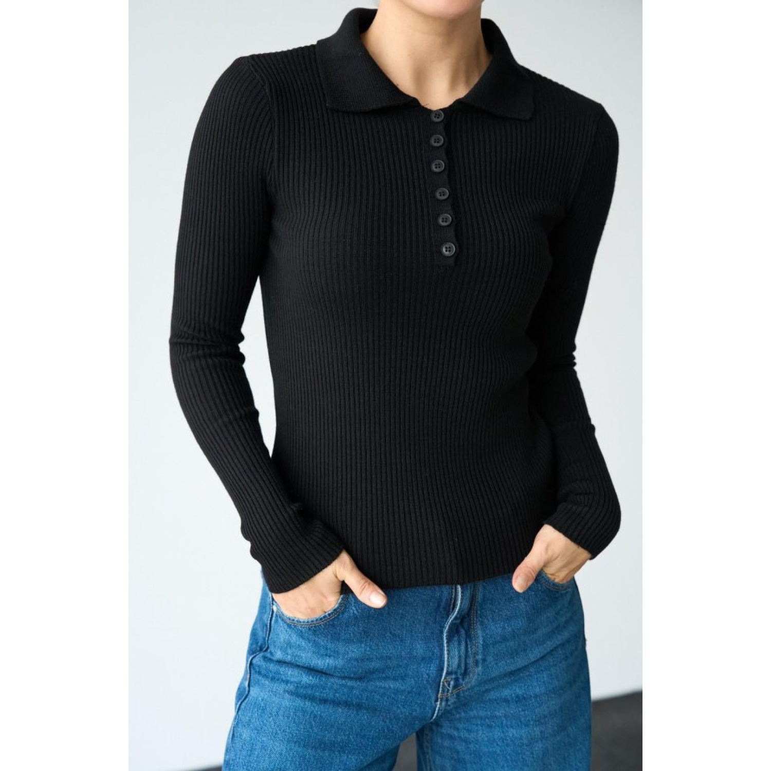 Polo Yaka 6 Düğmeli Kazak - Siyah