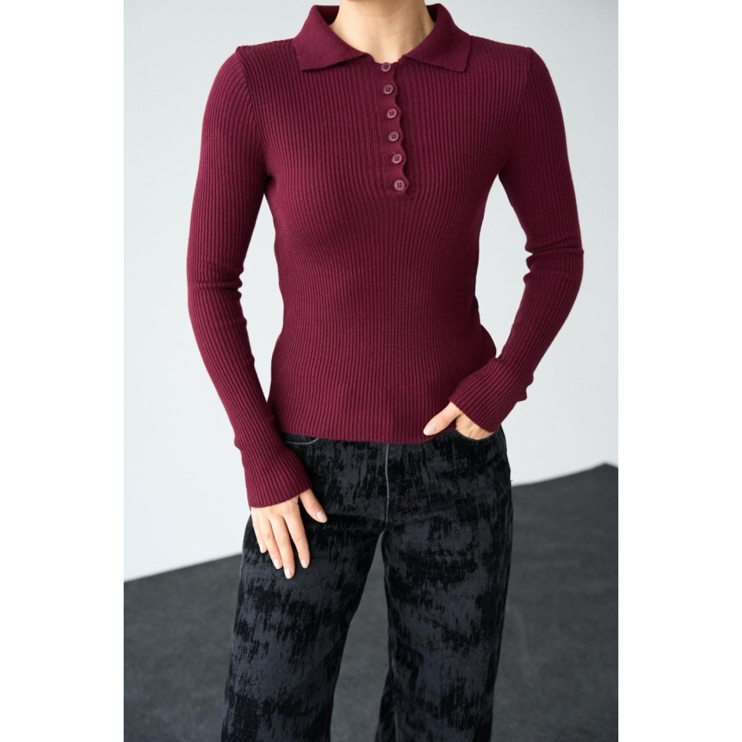 Polo Yaka 6 Düğmeli Kazak - Bordo