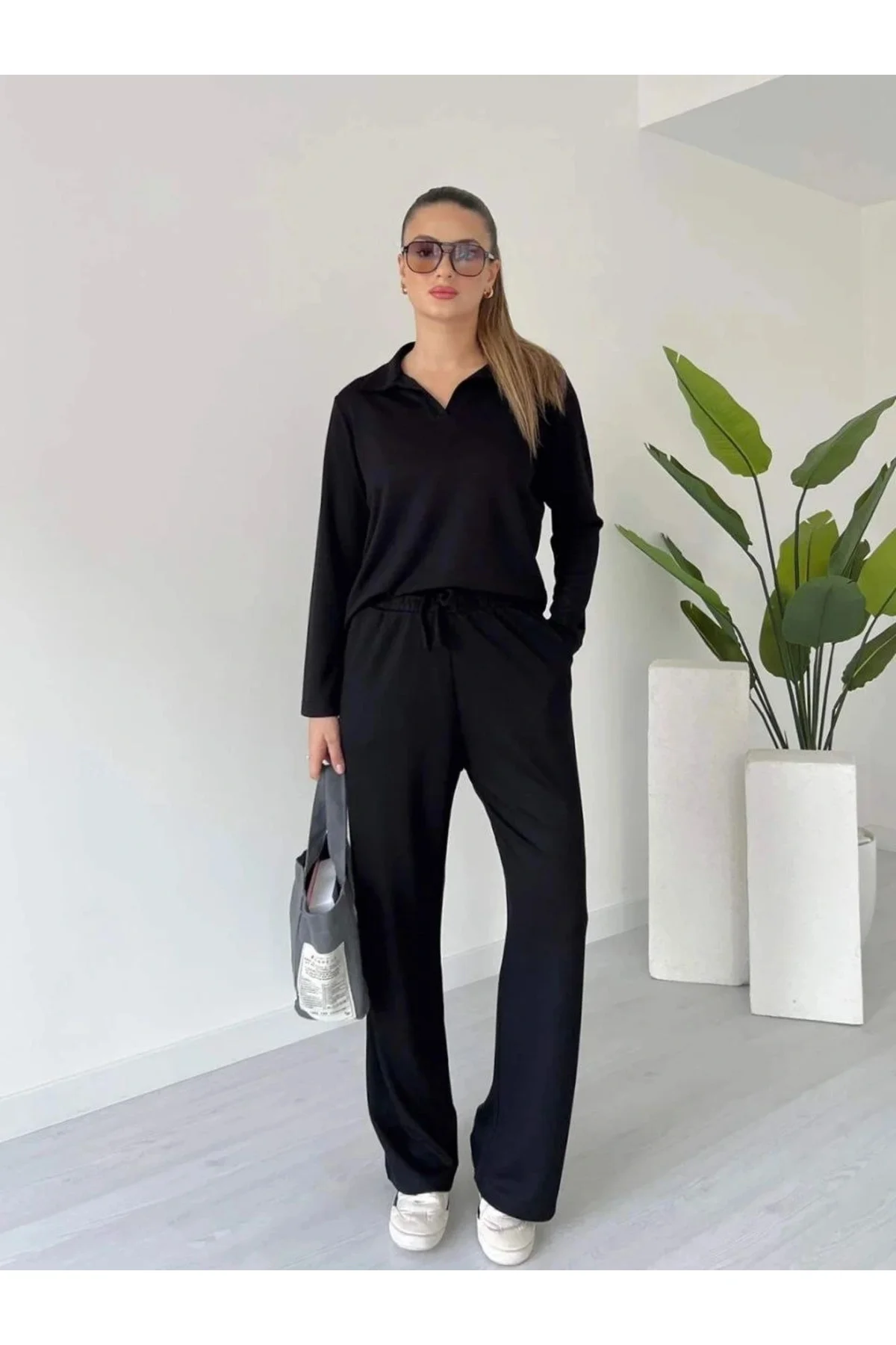 Polo yaka alt üst kollu modal takım siyah pt